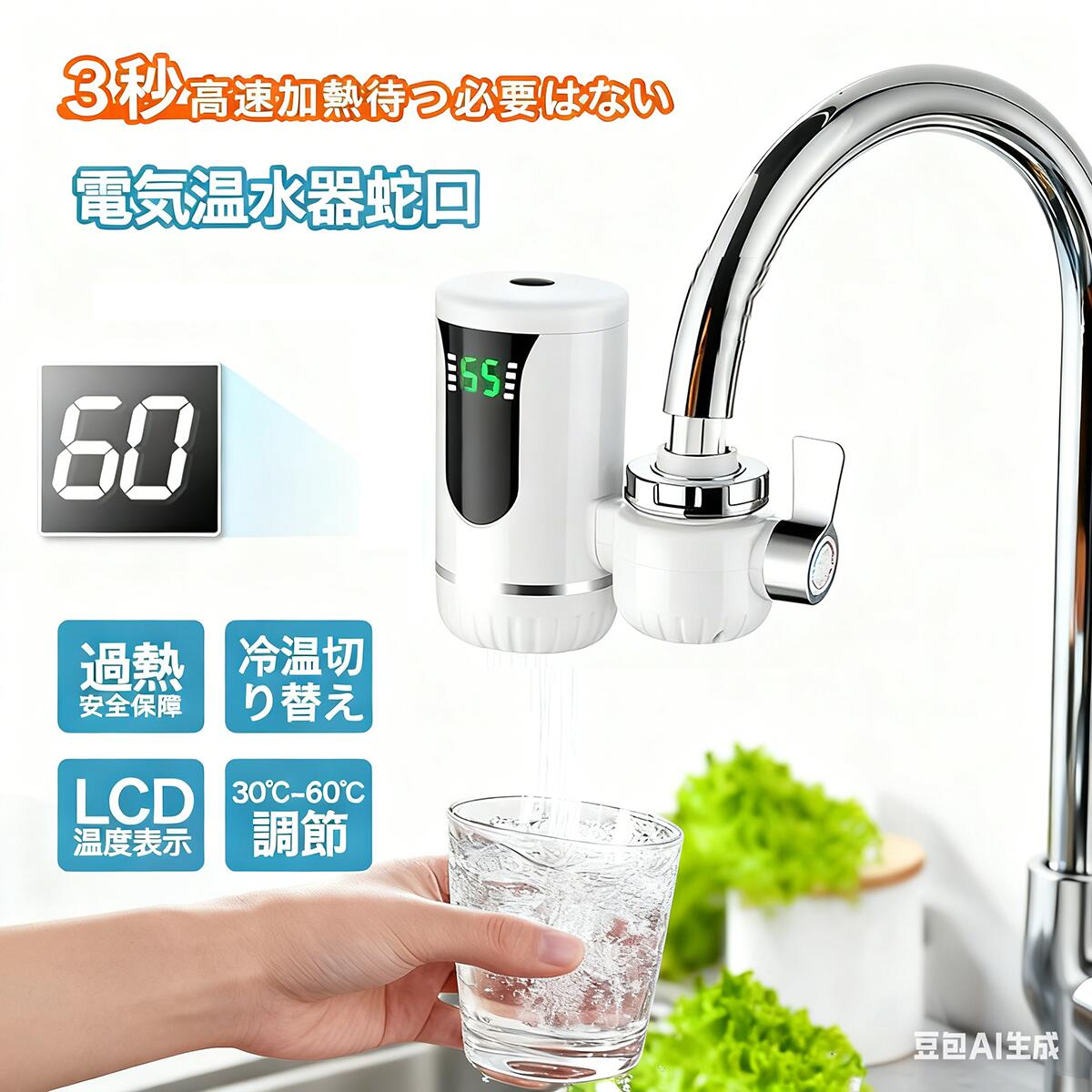 商品情報商品説明家庭用の電気蛇口として、快適で効率的な水の使用を可能にします。この製品は、3000Wの高出力と110Vの電圧で、水温を30℃から50℃まで素早く調節できるため、キッチンやバスルームでの使用に最適です。LED温度表示付きで、現在の水温を一目で確認できるため、使用中の安全性と利便性が向上します。デザインはシンプルでモダン、設置も簡単に行えるため、特別な工具や技術を必要としません。冷温切り替え機能も搭載されており、一年中どの季節でもその機能を活かすことができます。この電気温水蛇口は、日々の生活において、即座に温水を提供することで、料理や洗面などさまざまなシーンで大活躍します。また、節水とエネルギー効率の良さもこの製品の大きな魅力の一つです。忙しい朝や、すばやく温水を使いたい時にも、この電気温水蛇口はあなたの時間を節約し、水道料金の節約にも貢献します。毎日の生活をより快適に、そして効率的に支えるための理想的な選択肢です。素材304ステンレス鋼加熱管、高速加熱、より耐久性機能速いお湯の量に制限はなく、水と電気を節約できます。蛇口をオンにするとお湯が出ます。手や皿、野菜を洗うことができます。冬はお湯を待つ必要はありません。簡単なインストール古い蛇口を分解する必要はなく、工具も不要で、すばやく直接インストールできます。温度表示高感度温度センサー、水温のリアルタイム表示、使いやすい。電気給湯器 蛇口 ヒーター 電気温水器 温水器 蛇口 お湯 温水蛇口 蛇口 温水ヒーター 家庭用電気蛇口 電気温水ヒーター 電気水栓 LEDデ イ付き バスルームキッチン用 温かい 加熱速い 冷温切り替え 水温30℃〜45℃ 水栓 電気温水蛇口 簡単に設置できる 3000W/110V 家庭用 電気蛇口 蛇口 お湯 電気温水ヒーター 3秒加熱 LEDデイ付き 温かいい 電気給湯器 電気温水器 簡単設置 家庭用 電気蛇口 3000W/110V キッチン 3秒高速加熱電気蛇口：すぐにお湯が使えます。30°C〜60°Cの多段階温度設定で、さまざまなお湯のニーズに対応。 高出力設計：3000W / 110V/60HZの電圧で、冬でも迅速にお湯を供給します。 電気との安全な分離：水と電気の安全な分離設計、内蔵の電源保護ウォール、多重の安全装置が搭載されています。 四季に対応：冷水とお湯の両方に対応し、冬でも速やかにお湯を供給します。 簡単な取り付け：古い蛇口を取り外す必要はなく、工具も不要です。製品のパッケージには加熱水龍頭X1、日本語の説明書X1、スパナX1、取り付け部品：1パック、多目的接続部品1個も含まれており、スムーズな取り付けをサポートします。この3秒速熱電龍頭は家庭での必需品で、いつでも安全で迅速なお湯を楽しむことができます。水道を通水してから、電源を接続してください。通水が完了していない状態で電源を入れると、機器が故障する恐れがありますのでご注意ください。 5