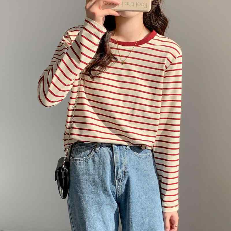 Tシャツ レディース 長袖 トップス カットソー 綿 丸首 クルーネック ストライプ 柄 ボーダー カジュアル ゆったり 体型カバー 大きいサイズ 着痩せ 重ね着 インナー 通年 普段使い 部屋着 アウトドア 伸縮性 吸湿速乾 柔らかい 肌触り良い 高級