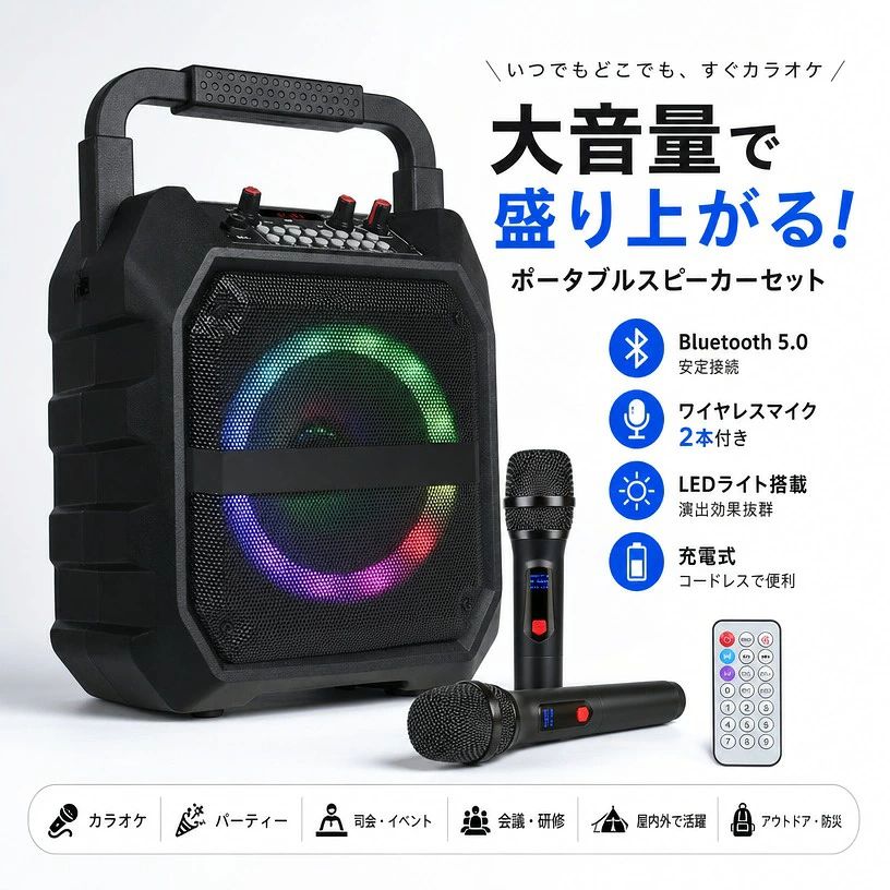 【大音量で使える】カラオケ スピーカーセット ワイヤレスマイク2本 Bluetooth5.0対応 リモコン付き 充電式 ポータブル 拡声器 iPhone Android youtube 音楽再生 司会 パーティー 防災 会議 屋内 屋外 野外 アウトドア ポイント消化 プレゼント ギフト 人気 おすすめ 新生活