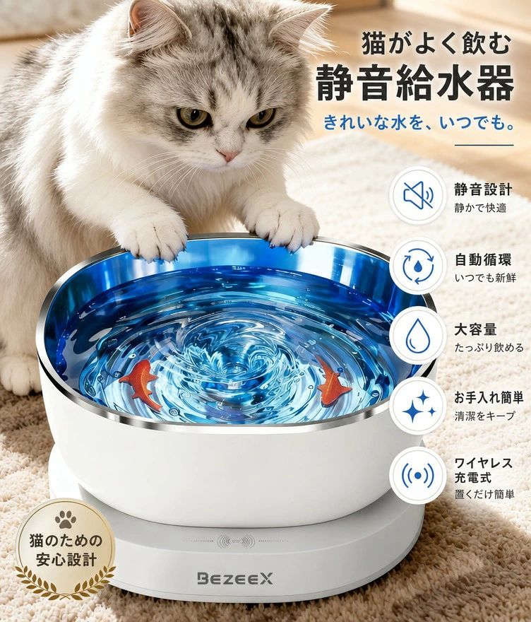 猫は動く流水に強い興味を示し、淀んだ水を嫌う生まれ持った習性があります。本製品は猫の行動特性に合わせて開発された給水器で、磁気駆動システムにより絶え間なく緩やかな循環活水を生み出します。水槽内に可愛らしい魚の装飾を配置し、猫の狩猟本能を刺激して水への好奇心を引き出し、水分摂取量を自然に増やすことで泌尿器系トラブルを予防します。製品特長 磁気駆動活水システムポンプと水皿が接触しない無水ポンプ構造。隙間なし設計で汚れが溜まりにくく、細菌繁殖を抑制します。稼働音が極めて小さい静音設計で、昼夜問わずペットも飼い主もストレスなし。 電気と水を完全分離 給電部と水槽が分かれた安全構造。水漏れによるショートのリスクを大幅に低減し、小さな子猫が触れても安心してご使用いただけます。ワイヤレス長時間連続稼働 充電式ワイヤレスタイプを採用。コードが邪魔にならず部屋の好きな場所に設置可能。一回の充電で長時間稼働でき、電源コンセントのない場所でも利用できます。分解簡単で丸洗い OK 水皿・回転ユニット・ベースを簡単に取り外せる設計。凹凸や死角がないため汚れを拭き取りやすく、水洗いで隅々まで清潔に保てます。 ステンレス製水皿は耐食性に優れ、傷がつきにくく衛生的。猫・小型犬両方に対応し、毎日の水分補給をサポートします。 注意事項 ・ラッピング対応は行っておりません。 ・予告なく仕様変更になる場合がございます。 ・写真はイメージです。実際の商品と若干異なる場合がございます。 ・基本は全国一律送料無料と対応させていただきますが、沖縄・北海道・離島地域へお届けの場合は別途送料をご請求させていただきます。 ・商品のサイズは採寸方法によって、若干な誤差が生じる場合はあります。ご了承ください。 品質保証 ・出品商品は全て新品未使用です。 ・安心の初期不良対応 ：万が一商品に不具合があった場合は、商品到着後7日以内にご連絡ください。 ・不具合の状況確認のため、写真や動画のご提供をお願いする場合がございます。確認後、速やかに「新品交換」または「ご返金」にて対応させていただきます。 ・お客様に安心してご購入いただけるよう、誠心誠意サポートいたします。「悪い評価」を付ける前に、まずはお気軽にご相談ください。 検索関連ワード 猫用ペット給水器, ペット給水器, 自動給水器, 猫用水飲み器, 水飲み器, 循環式給水器, 自動循環, 磁気駆動ポンプ, 磁気ポンプ, ワイヤレス充電式, 充電式, コードレス, 静音, 静音設計, 大容量, 掃除簡単, お手入れ簡単, 丸洗い, 分解簡単, 清潔, 無水ポンプ, 浮遊式水皿, 流れる水, 活水, 給水器, 猫, ねこ, ネコ, 子猫, 多頭飼い, 室内飼い, 留守番, 卓上, リビング, 寝室, オフィス, 省スペース, コンパクト, おしゃれ, かわいい, シンプル, インテリア, 北欧, 木目調, 乾燥対策, 水分補給, ねこ好き, ペット用品, 猫グッズ, 安全設計, 水漏れ対策, 電気と水を分離, 長時間使用, 便利, 実用的, 新生活, 母の日, 父の日, 誕生日, プレゼント, ギフト, 送料無料, ポイント消化, 楽天スーパーSALE, お買い物マラソン, 人気, おすすめ, 定番注意事項：モニターの発色により、実物と異なる場合がございます。
