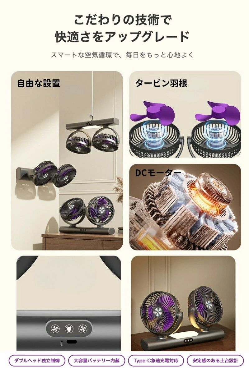 卓上用扇風機 サーキュレーター ダブルヘッド 3WAY 卓上 壁掛け 吊り下げ DCモーター 静音 コードレス 充電式 Type-C 風量調節 LEDライト キッチン 洗面所 脱衣所 リビング 寝室 コンパクト 扇風機 LEDライト付き 卓上扇風機 小型 palrun-10014281 パルコショップ サンプル画像3