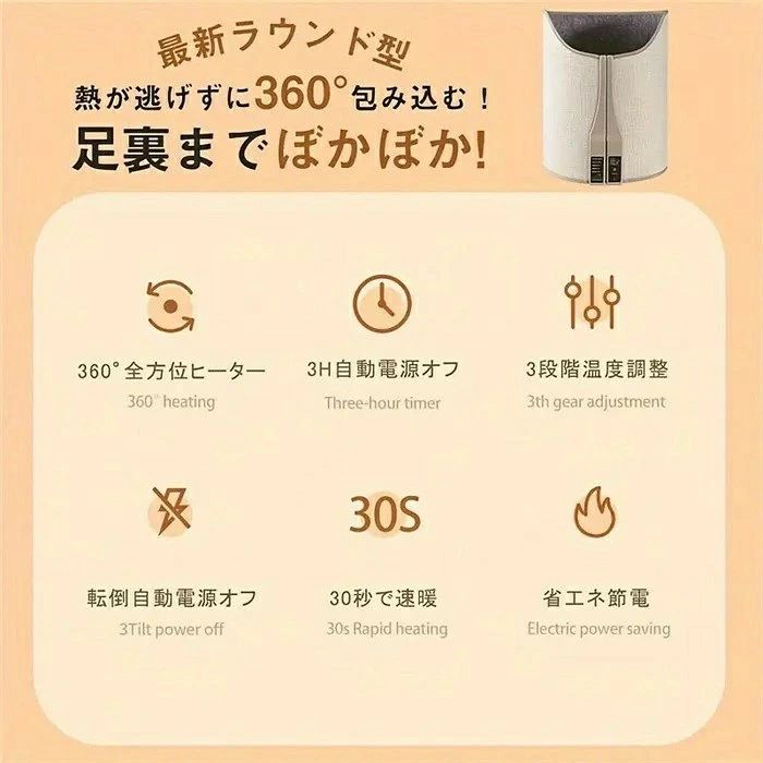パルコショップの2025年新登場：足・机用パネルヒーター、円筒型、遠赤外線360°全周加熱、3段温度調整、急速加熱、45°傾きで自動シャットダウン、パネルヒーター、収納しやすい一人コタツ、暖房｜アングル2