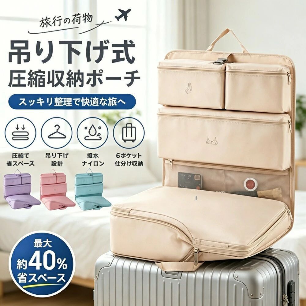 購入確認事項お取り引きの為に重要な事項を記載しておりますので、ご注文前には必ず「お支払い、送料、返品」ページ及び商品ページの内容をご確認ください。モニター設定、照明等により実際の商品と色味が異なる場合がございます。サイズについては生地の伸縮により誤差及びタグの表記とは異なる場合がございます。商品発送後の住所変更は受け付けません。輸送時による多少の汚れ、シワがある場合がございます。お店で購入するような完璧品をお求めの方、細かい部分まで気になさる方は、ご購入をご遠慮ください。商品について商品名：トラベルポーチ 吊り下げ製造国：中国配送会社：ヤマト運輸佐川急便（弊社名ではなく、配達代行会社に委託しております）領収書発行：可（PDFファイルの電子領収書となります）配達時間帯指定：可商品説明daysunnyがお届けする吊り下げ式トラベルポーチです。旅行の準備で感じる「スーツケースの中がごちゃつく」「下着や靴下、小物がどこにあるか分からない」「ホテルに着いてから荷物を広げるのが面倒」「帰りは荷物が増えてうまく収納できない」といったストレスをすっきり解決。衣類下着靴下小物をまとめて仕分けでき、掛けたまま使える便利な旅行用収納ポーチです。主な特長ポイント1：6ポケット仕分け収納6つの収納スペース（靴下ポケット、下着ポケット、衣類ポケット、大容量ポケット、メッシュポケット、小物スペース）で衣類下着靴下小物をまとめて整理。必要な物がひと目で見つかり、スーツケースの中がごちゃつきにくくなります。ポイント2：圧縮バッグ仕様圧縮ファスナーを閉じるだけで衣類の厚みをおさえてコンパクトに収納。ニットやパジャマ、タオルなどかさばりやすい荷物もすっきりまとまり、スーツケース内のスペースを有効活用できます。2泊旅行出張ジム帰省にも使いやすい圧縮ポーチです。ポイント3：吊り下げ可能吊り下げフック付きで、ホテルのクローゼット、洗面所、ドアフックなどに掛けてそのまま使用可能。荷物を広げる場所が少ない旅行先でも省スペースで使え、朝の準備やお風呂上がりの着替えもスムーズです。ポイント4：キャリーオン対応背面ベルト付きでスーツケースのキャリーバーに固定可能。手持ちでもキャリーオンでも使えるため、空港や駅、出張先での移動がラクになります。箱型デザインでスーツケースにも収まりやすく、衣類と一緒にすっきり収納できます。ポイント5：撥水ナイロン素材＆メッシュポケット表面は撥水ナイロン素材を使用し、水まわりでも使いやすく汚れも拭き取りやすい仕様。メッシュポケットは中身が見やすく、パスポート、化粧品、ケア用品、充電ケーブルなどの小物収納に便利です。開閉しやすいダブルファスナー、持ち運びしやすい持ち手、掛けた時に安定しやすい固定バックル付き。おすすめ用途旅行、出張、ジム、入院、修学旅行、自宅収納この商品は、daysunnyが厳選した多機能トラベルポーチです。収納圧縮移動吊り下げをこれ1つで叶え、旅行をより快適にします。