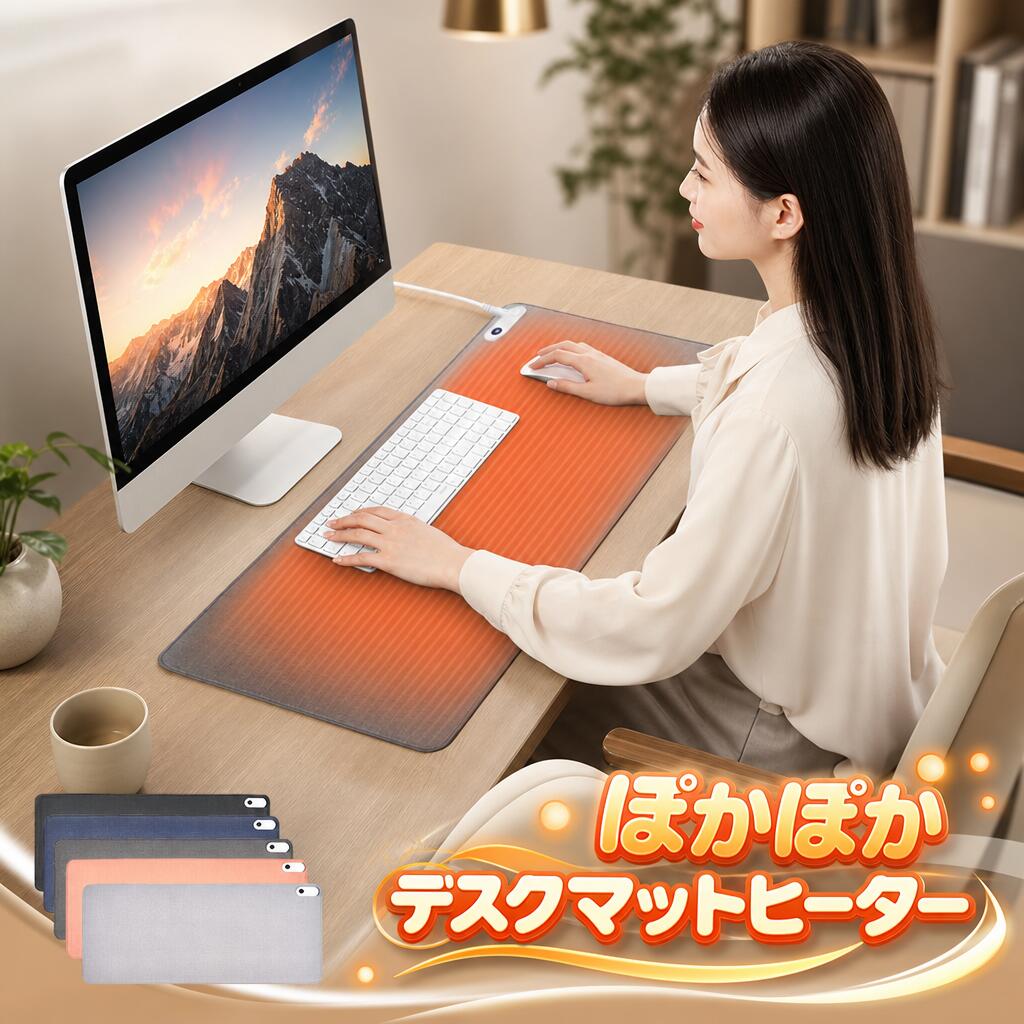 素材：ポリエステル定格電圧：110V・50/60HZ定格電力：95Wサイズ：約80＊33cm重量：約550gセット内容：商品本体*1、日本語説明書*1、電源ケーブルx1(ケーブルのカラーはランダムに発送いたします)自動シャットダウン時間：約3時間カラー：ライトグレー、ダークグレー、ブラック、ピンク、ネイビー生産国：中国【急速発熱＋均一加熱】急速発熱・均一の加熱を実現ために、高品質の合金加熱フィルムを採用しております。冬の時で仕事しやすいです。【タイマー機能】3Hの自動OFFタイマー付き、お出かける時に万が一消し忘れてしまった場合でも電源が自動に切れることできるので、とても便利です。【ディジガル表示】ディジガル表示の設計により、年寄りと子供にも簡単に温度を知らせ、最適な温度を調整することができます。【広い加熱範囲】従来のパッドより加熱部分の面積が大きい、二人一緒に使用しても十分です。【漏電しない】4層構造で作られた、コップが倒れて水に触れても問題ありません。布で簡単で掃除できます。スイッチは過電流保護装置を内蔵して、感電を防止できます。※ご注意:防水仕様ですが、水に浸さないでください。関連キーワード：パソコン作業 足元 机 テーブルヒーター デスクヒーター 遠赤外線 パネルヒーター デスクパット 手元 ヒーター 卓上 デスクマット マウスマット ぽかぽか ホットマット 学習 マウスパッド デスクパッド 加熱 速熱 ノートパソコンマット ハンドウォーマー PSE認証済み 過熱保護 冬 オフィス 冷え対策 家庭 学校 ゲーム パネルヒーター デスクヒーター 手元ヒーター デスクマット マウスパッド 加熱 三段階温度調節 3時間に自動OFF 過熱保護 PCパッド 暖かい ホットマット 学習机マット 冷え対策 暖房器具 昼寝 省エネ オフィス 自宅 受験生 ペット用 プレゼント用 卓上ヒーター 電気マット 防寒グッズ 電気 電熱 ったか グッズ マット ホット 手元ヒーター 大判サイズ 薄型 冷え対策 省エネ 節電 受験 ギフト クリスマス プレゼント 最適 ホット 手がかじかむ 指先がかじかむ 冷え性 ポカポカ パネルヒーター ヒーター デスクヒーター 手袋 暖房 季節家電 手元 手もと オフィスワーク 在宅ワーク テレワーク パソコン デスクワーク 電気マット デスクヒーター パネルヒーター デスク ヒーター 卓上 学習机マット 机 ぽかぽか テレワーク 暖房 ホットマット 手元ヒーター 大判サイズ ホットカーペット 冷え対策 省エネ オフィス 受験 勉強 マウス デスクマット デスクパッド マウスパッッド 事務用 勉強用 暖房器具 PSE認証 受験勉強 昼寝 ギフト PSE認証