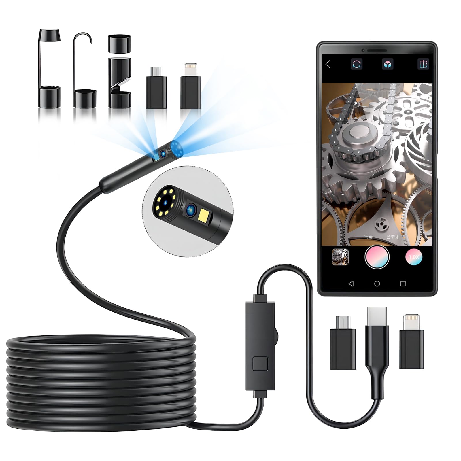 タイプボアスコープ、7.9mm iOS スネーク ライト付き Android および 1920P LED デ...