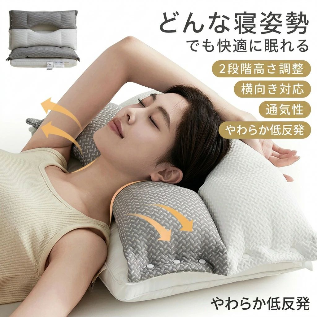 商品詳細基本仕様 中材：ポリエステル繊維 生地：コットン、ポリエステル サイズ：4068cm 商品説明 ?柔軟性と弾力性を持ち合わせた高反発素材 ?O型ポジショニング 頭のブレを防ぎ、安定感アップ ?寝やすい構造で寝返りをうっても快適 ?パーツ取り外し可能で2段階高さ調整 キーワード：枕 低反発 高反発 お昼寝枕 低い枕 高い枕 低め 高め ジェル枕 快眠枕 横向き枕 寝具 クッション 横寝 もちもち ふんわり 首 肩 快眠グッズ 快眠枕 蒸れない枕 枕 硬め 通気性 枕 ファイバー 熱のこもらない枕 解消グッズ 解消 ストレートネック 寝返り枕 ピロー 枕 体圧分散枕 高さ調節 整体枕 いびき めまい 防止 予防 昼寝 昼寝枕 耳 胸 足 肩 背中 顔 むくみ おしゃれ 大きい 大きめ 大判 大型 ロング 呼吸 楽になる 脊椎 支える 滑り止め 睡眠 絶壁 へたらない 首が痛くならない フィット 熱がこもらない 寝返りしやすい よく眠れる 蒸れない 呼吸しやすい 耳が痛くならない 食いしばり ストレートネック 枕ずれ ビッグ 箱 プレゼントボックス 化粧箱 通気性 調律 至極 極柔 豆蛋白繊維 肌触りが抜群 横向き寝枕 お昼寝枕 昼寝枕 安眠枕 出産内祝い メーカー希望小売価格はメーカーサイトに基づいて掲載しています メーカー希望小売価格はメーカーサイトに基づいて掲載しています 検索関連ワード快眠枕, 低反発マクラ, 横向き枕, 双層熟睡枕, 首こり対応, 頸椎ケア, 二段階調整, 通気性抜群, 柔らかい, 頭痛対策, 腰枕, 足枕, 寝返りしやすい, 高さ調整, 軽量, 防臭, お昼寝枕, ジェル枕, 快眠グッズ, 蒸れない枕, 硬め枕, 体圧分散枕, 整体枕, いびき改善, ストレートネック, 解消グッズ, プレゼント, ギフト, 母の日, 父の日, 誕生日, おしゃれ, 大きめ, 大判, ロング, 滑り止め, 睡眠, 首が痛くならない, フィット, 熱がこもらない, よく眠れる, 呼吸しやすい, 耳が痛くならない, もちもち, ふんわり, リラックス, 安眠, 人気, おすすめ, 新生活, ポイント消化, 楽になる, 背中, 顔, むくみ 検索関連ワード枕, 低反発, 高反発, 低い枕, 高い枕, 低め, 高め, ジェル枕, 快眠枕, 横向き枕, 横寝, 寝具, クッション, もちもち, ふんわり, 首, 肩, 首こり, 肩こり, 首頸椎ケア, 頸椎ケア枕, ストレートネック, ストレートネック枕, 頸椎サポート, 体圧分散枕, 寝返りしやすい, よく眠れる, 枕ずれ防止, 滑り止め, O型ポジショニング, 安定感, 二段階高さ調整, 高さ調節, 高さ調整まくら, 2段階調整, お昼寝枕, 昼寝, 昼寝枕, ピロー, 低反発マクラ, 低反発まくら, 高反発素材枕, 通気性, 蒸れない枕, 熱がこもらない枕, 呼吸しやすい, 熱のこもらない枕, 耳が痛くならない, 食いしばり, いびき, いびき対策, いびき改善, めまい防止, 予防, 解消グッズ, 解消, 整体枕, 脊椎支える, 脊椎, 絶壁, 絶壁まくら, へたらない, 首が痛くならない, フィット感, 耐久性, 防臭, 臭わない, おしゃれ枕, トレンド寝具, 新生活, 母の日, 父の日, 誕生日, プレゼント, ギフト, ポイント消化, 送料無料, 楽天スーパーSALE, お買い物マラソン, 軽量, コンパクト, 大きめ, 大判, 大型, ロング, 横向き対応, 2段階調整枕, 通気マクラ, まくら, 睡眠グッズ, リラックス, 安眠, 寝室, オフィス, 寝具セット注意事項・ラッピング対応は行っておりません。・予告なく仕様変更になる場合がございます。・写真はイメージです。実際の商品と若干異なる場合がございます。・基本は全国一律送料無料と対応させていただきますが、沖縄・北海道・離島地域へお届けの場合は別途送料をご請求させていただきます。・商品のサイズは採寸方法によって、若干な誤差が生じる場合はあります。ご了承ください。品質保証・出品商品は全て新品未使用です。・安心の初期不良対応：万が一商品に不具合があった場合は、商品到着後7日以内にご連絡ください。・不具合の状況確認のため、写真や動画のご提供をお願いする場合がございます。確認後、速やかに「新品交換」または「ご返金」にて対応させていただきます。・お客様に安心してご購入いただけるよう、誠心誠意サポートいたします。「悪い評価」を付ける前に、まずはお気軽にご相談ください。 検索関連ワード枕, まくら, マクラ, 低反発枕, 低反発, 高反発, 高反発枕, 低い枕, 高い枕, 低め枕, 高め枕, 二段階高さ調整, 高さ調節枕, 横向き枕, 横寝枕, 寝返りしやすい枕, 寝返り枕, 体圧分散枕, フィットする枕, O型ポジショニング, 頸椎ケア枕, 首こりケア枕, 首が痛くならない枕, ストレートネック枕, ストレートネック, 頸椎サポート, 首 頸椎, 肩こり枕, 肩 肩甲骨, 背中 寝姿勢, 脊椎 支える, 脊椎, 整体枕, いびき対策枕, いびき防止, いびき, めまい予防, 防止 予防, 呼吸しやすい枕, 呼吸 楽になる, 鼻 呼吸, 蒸れない枕, 通気性, 通気性枕, 熱がこもらない枕, 熱のこもらない枕, ファイバー, ポリエステル繊維, コットン ポリエステル, もちもち ふんわり, 柔らかい枕, 低め 高め 2段階, お昼寝枕, 昼寝枕, 快眠枕, 安眠枕, 熟睡枕, 睡眠グッズ, 安眠 寝具, クッション, ピロー, 硬め枕, へたらない枕, 低反発枕 2段階, 整理整頓, 滑り止め, 耳が痛くない, 食いしばり, 顔 むくみ, おしゃれ 枕, かわいい 枕, プレゼント, ギフト, 新生活, 母の日, 父の日, 誕生日プレゼント, ポイント消化, 人気 おすすめ, 楽天スーパーSALE, お買い物マラソン, 送料無料, ポイント還元, 箱入り プレゼントボックス, 化粧箱, 大きめ枕, 大判枕, 大型枕, ロング枕, 足枕, 足 肩 胸注意事項：モニターの発色により、実物と異なる場合がございます。