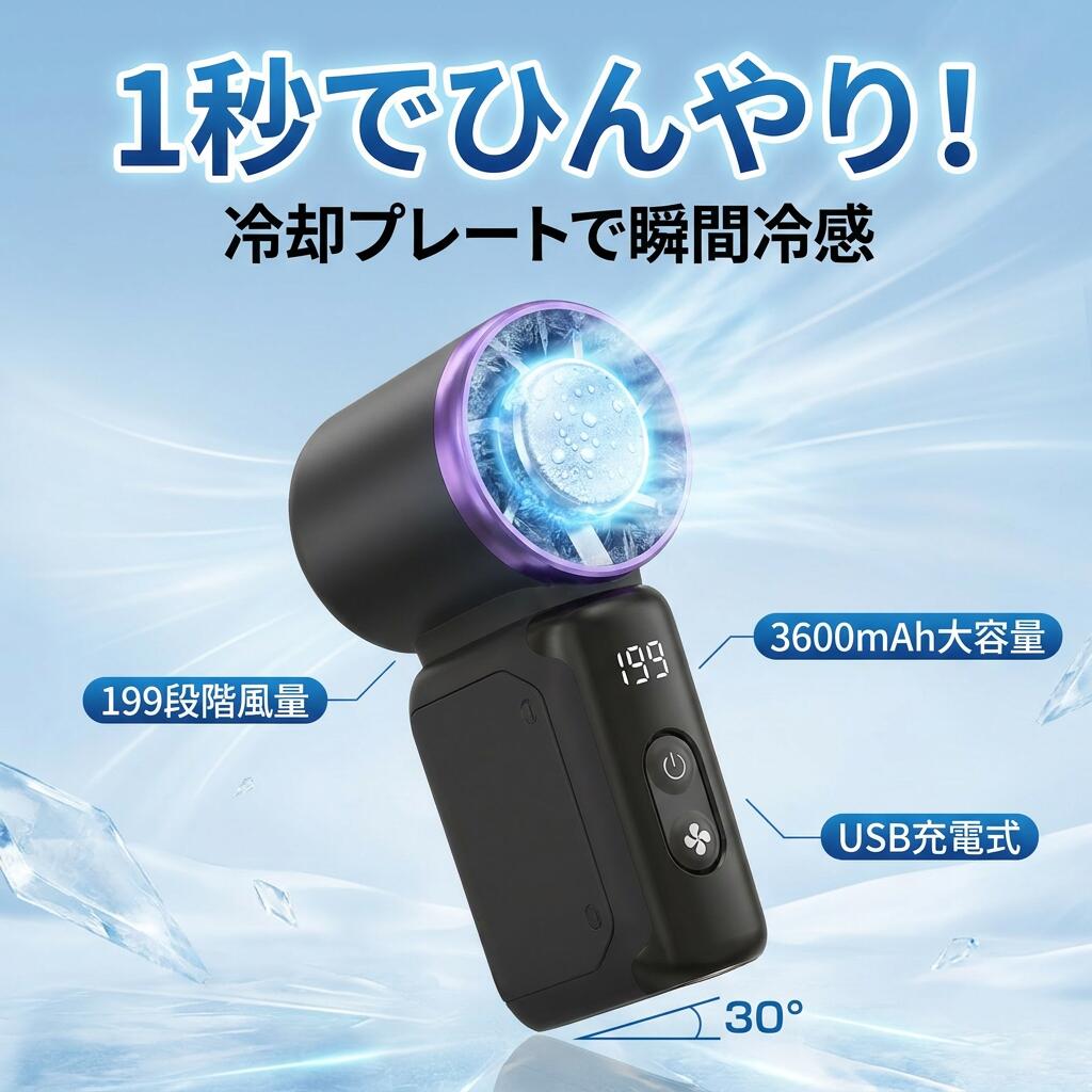 3600mAh 小型 卓上 199段階風量 1秒冷感 手持ち USB充電式 ポータブル扇風機 携帯扇風機 腰