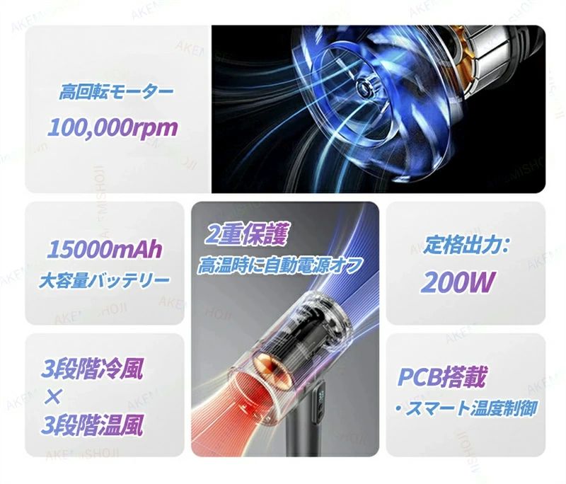 3段階冷風 【クーポンで10%OFF 200W ワイヤレスヘアドライヤー P5倍 15000mAh大容...