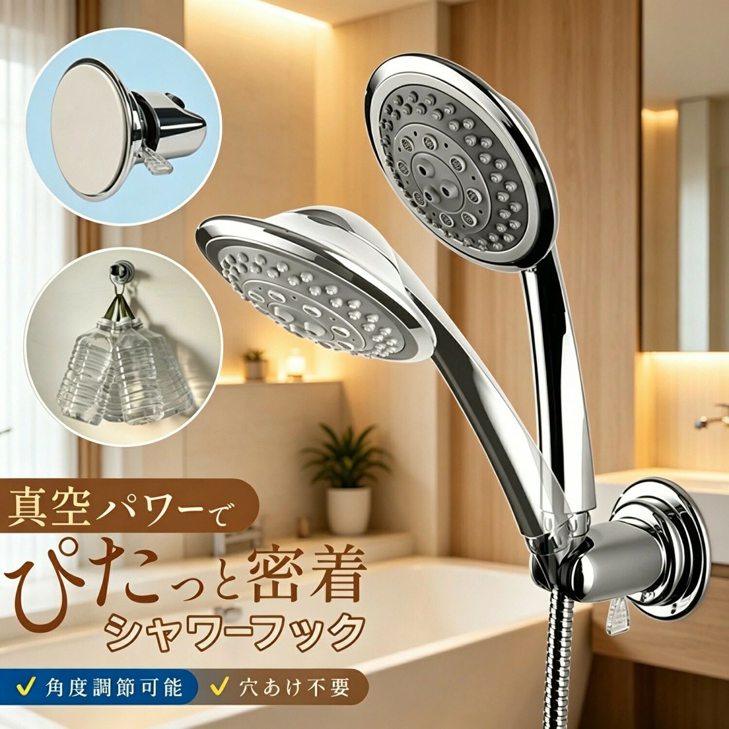 スタンド シャワーホルダー 取り外し可能 吸盤 浴室 落ちない スライド式 タイル対応 強力 シャワーヘッド固定 後付け 角度調整