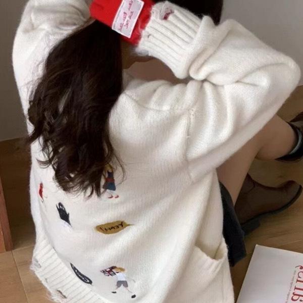 ニットカーディガン レディース 秋冬 Vネック 刺? ゆったり 厚手 ニット トップス ドロップショルダー 長袖 カジュアル かわいい 韓国風 米白色 グレー