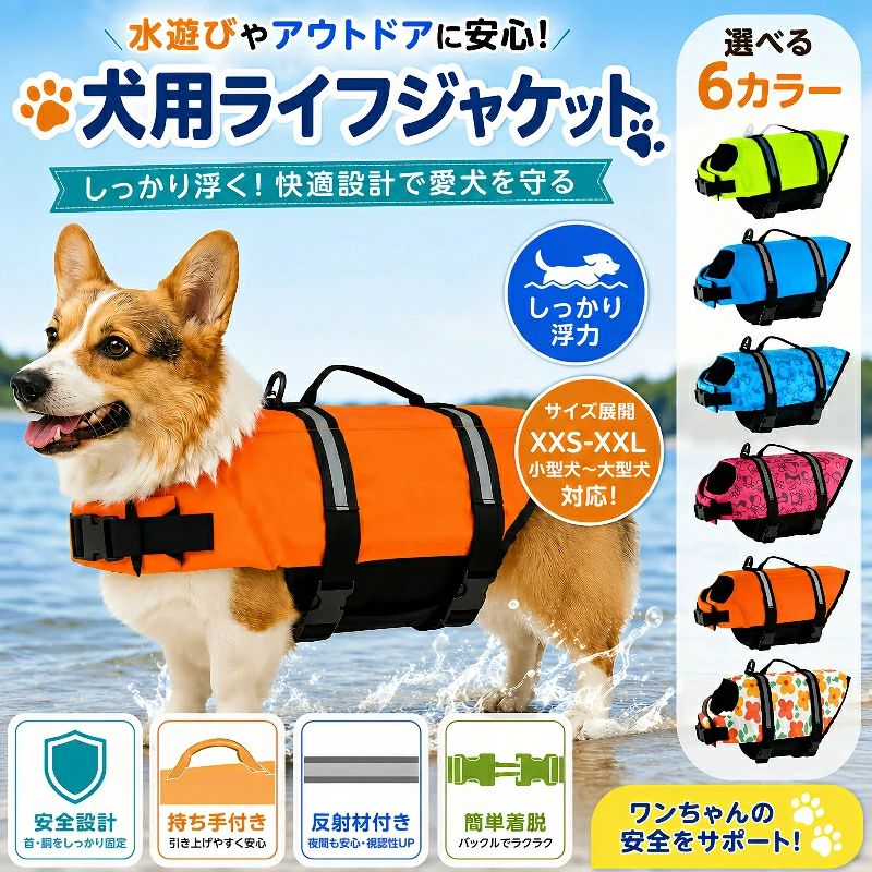 商品詳細 商品仕様 商品名：犬用ライフジャケット 対象：超小型犬・小型犬・中型犬・大型犬 素材：ポリエステル・高浮力フォーム 特徴：高浮力・軽量・サイズ調整可能・ハンドル付き・反射テープ付き 着脱方式：バックル＋面ファスナー カラー：商品ページをご参照ください 特徴 🐶 愛犬の水遊びをもっと安全・もっと楽しく！ 海・川・プール・SUP・カヤックなど、さまざまなアウトドアシーンで活躍する犬用ライフジャケットです。 高浮力素材を採用し、水中でも愛犬の体をしっかりサポート。初めて泳ぐワンちゃんやシニア犬にもおすすめです。 🛟 高浮力素材でしっかりサポート 浮力に優れたクッション素材を使用。 泳ぎが苦手なワンちゃんでも自然な姿勢を保ちやすく、水中での負担を軽減します。 🐕 リードハンドル付きで安心 背面には持ち上げやすいハンドル付き。 泳ぎの補助や緊急時の救助、船やSUPへの乗り降りもスムーズです。 🌟 反射テープ付きで視認性アップ 暗い場所や夕方、水辺でも愛犬の位置を確認しやすい反射テープを搭載。 アウトドアでも安心してご使用いただけます。 🎯 サイズ調整可能 首元・胴回りはベルトで細かく調整可能。 体型に合わせてしっかりフィットし、ズレを防ぎます。 👕 簡単着脱 バックル式で着脱もラクラク。 短時間で装着できるので、元気なワンちゃんにもおすすめです。 ? 軽量設計で快適 軽量素材を採用し、長時間着用しても負担になりにくい設計。 動きやすく、水遊びを思い切り楽しめます。 🎯 こんなシーンにおすすめ 🏖 海水浴 🏊 プール 🏞 川遊び 🚣 SUP 🛶 カヤック 🚤 ボート 🎣 釣り 🏕 キャンプ 🐕 ドッグラン（水場） アウトドアレジャー全般 📏 サイズについて XS〜XL（または商品実際サイズをご記入ください） ご購入前に必ず首回り・胴回り・背丈を測定し、サイズ表をご確認ください。 サイズに迷われた場合は、大きめサイズをおすすめいたします。 注意事項 ※本製品はペット用ライフジャケットです。 ※救命具ではありません。 ※必ず飼い主様の監視のもとでご使用ください。 ※ご使用前にはバックル・ベルトの固定状態をご確認ください。 ※初めて使用する際は浅い場所で慣らしてからご使用ください。 検索用キーワード 犬 ライフジャケット 犬用ライフジャケット ペットライフジャケット 犬 救命胴衣 犬用救命胴衣 犬 フローティングベスト 犬 ベスト 犬 水遊び 犬 プール 犬 海 犬 川遊び 犬 SUP 犬 カヤック 犬 ボート 犬 キャンプ 犬 アウトドア 犬 泳ぐ 犬 水泳 小型犬 ライフジャケット 中型犬 ライフジャケット 大型犬 ライフジャケット 超小型犬 サイズ調整 軽量 高浮力 反射テープ ハンドル付き ドッグライフジャケット ペット用品 犬用品 夏用品
