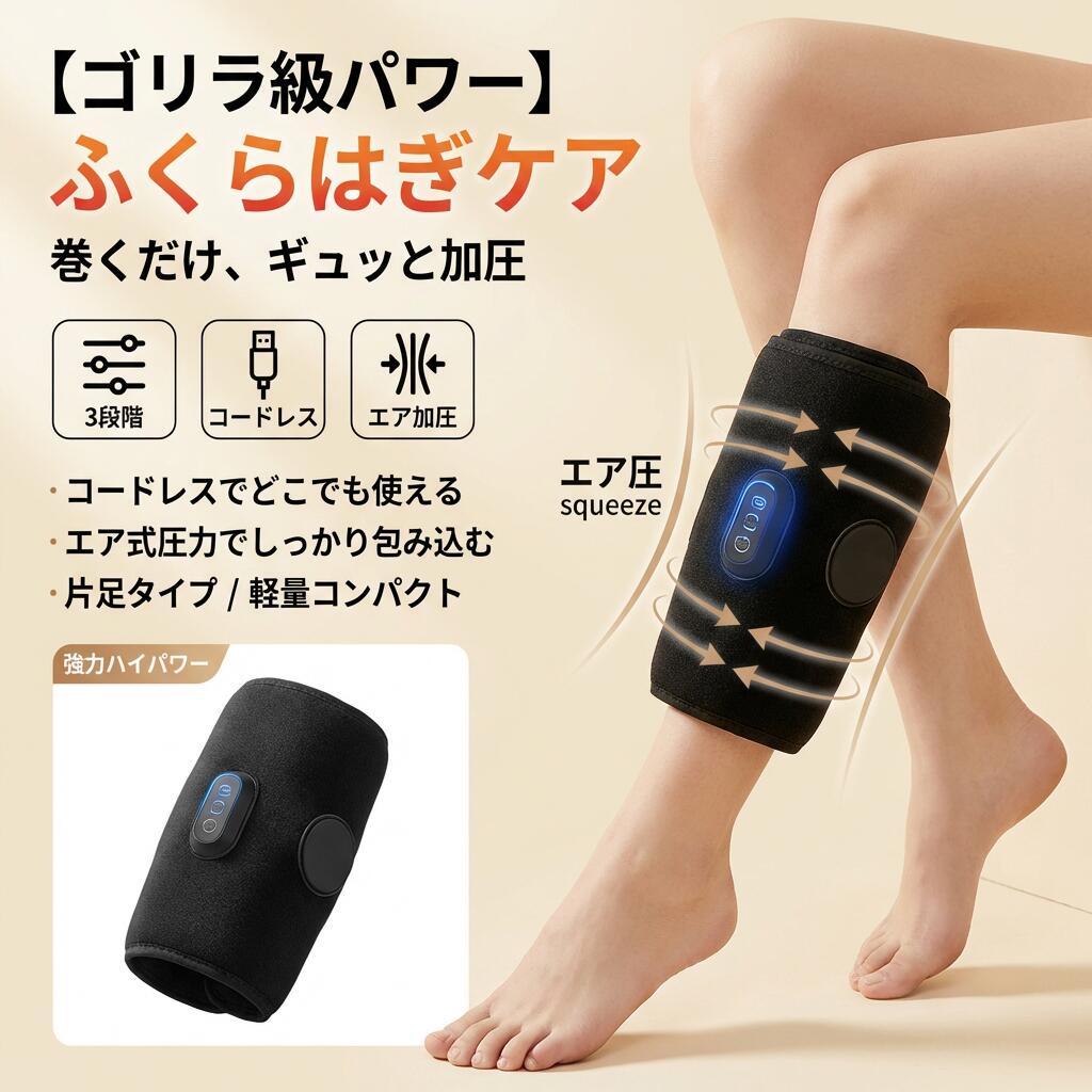 【強力ポンプでギュッと圧力】エア圧式の強力ポンプがふくらはぎ全体を包み込み、血液を促進。足のむくみやだるさを効果的解消し、毎日が軽くなります。 【究極のパワー揉み心地】圧倒的な揉み心地で、疲労・むくみ・コリを同時にリリース。日常生活や立ち仕事、運動後の脚疲れも効果的にケアできます。 【自動・簡単操作で手間いらず】電動マッサージだから、ボタン一つで自動スタート。3段階モードも選べるため、自分に合った快適なマッサージを簡単に体験可能。 【快適な素材と設計】柔らかく肌触りの素材で長時間使用しても痛みや違和感なし。コンパクトで軽量設計のため、収納や持ち運びもラクラク。 【小型・便利】小型でもエアバッグにしっかり空気を送り込む強力ポンプが、『痛きもちイイ』感覚を実現。使用しない時はコンパクトに折りたたんで収納でき、場所を取らず持ち運びも簡単。出張や旅行にも便利です。男女兼用で、母の日、父の日、敬老の日、誕生日、記念日、クリスマス、新年など、さまざまなギフトにおすすめです。 関連キーワード： もみラックス モミラックス ごりら ごりらのひとつかみ ごりらのひとつき 足スッキリ 蒸れない 休憩 足つぼ 持ち運び サポーター 健康グッズ 健康器具 レディース ケア用品 ふらはぎサポーター バンテージ 着圧バンド おしゃれ オシャレ かわいい カワイイ 大人可愛い 対応 人気 おすすめ 実用的 プレゼント ギフト 誕生日 贈り物 父の日 母の日 敬老の日 クリスマス バレンタイン 新生活 引越し お祝い お返し 検索関連ワード 足マッサージ機, マッサージャー, フットマッサージャー, 電動マッサージ, ふくらはぎマッサージ機, コードレス, エア式圧力, 強力マッサージ, 足の疲労, むくみ解消, リフレッシュ, スッキリ, ケア用品, 足脚, ふともも, コンパクト, 軽量, 自動マッサージ, 3段階モード, おしゃれ, かわいい, 男女兼用, ギフト, プレゼント, 母の日, 父の日, 誕生日, 敬老の日, 旅行, 出張, 健康グッズ, 健康器具, もみラックス, モミラックス, ごりら, 足スッキリ, サポーター, バンテージ, 着圧バンド, 人気, おすすめ, 実用的, お祝い, お返し, 新生活, 引越し, ストレス解消, リラックス, 癒し, 足つぼ, 蒸れない, ポイント消化, 楽天スーパーSALE, お買い物マラソン, 送料無料, 定番, 話題の 注意事項 ・ラッピング対応は行っておりません。 ・予告なく仕様変更になる場合がございます。 ・写真はイメージです。実際の商品と若干異なる場合がございます。 ・基本は全国一律送料無料と対応させていただきますが、沖縄・北海道・離島地域へお届けの場合は別途送料をご請求させていただきます。 ・商品のサイズは採寸方法によって、若干な誤差が生じる場合はあります。ご了承ください。 品質保証 ・出品商品は全て新品未使用です。 ・安心の初期不良対応 ：万が一商品に不具合があった場合は、商品到着後7日以内にご連絡ください。 ・不具合の状況確認のため、写真や動画のご提供をお願いする場合がございます。確認後、速やかに「新品交換」または「ご返金」にて対応させていただきます。 ・お客様に安心してご購入いただけるよう、誠心誠意サポートいたします。「悪い評価」を付ける前に、まずはお気軽にご相談ください。 ふくらはぎマッサージ機, 加圧式マッサージ, エア式マッサージャー, エアバッグ, 片足タイプ, 電動マッサージ, コードレス, 強力ポンプ, ハイパワー, 3段階モード, 自動スタート, ボタン一つ, エア圧力, 揉み心地, もみラックス, モミラックス, ゴリラ級パワー, ごりら, ごりらのひとつかみ, ごりらのひとつき, 足スッキリ, 足つぼ, 足脚ケア, レッグケア, ふとももケア, ふくらはぎケア, むくみ対策, だるさケア, 立ち仕事ケア, デスクワーク, 在宅ワーク, 運動後ケア, 休憩タイム, 蒸れない, 通気性, 柔らか素材, 肌当たり, 痛きもちイイ, コンパクト, 軽量, 折りたたみ収納, 持ち運び, 出張, 旅行, 車載, 男女兼用, レディース, メンズ, サポーター, ふくらはぎサポーター, 着圧バンド, 着圧サポーター, バンテージ, おしゃれ, オシャレ, かわいい, カワイイ, 大人可愛い, 高見え, 実用的, 人気, おすすめ, 定番, プレゼント, ギフト, 誕生日, 贈り物, ポイント消化, 楽天スーパーSALE, お買い物マラソン, 新生活, 引越し祝い, 母の日, 父の日, 敬老の日, クリスマス, バレンタイン, お祝い, お返し注意事項：モニターの発色により、実物と異なる場合がございます。