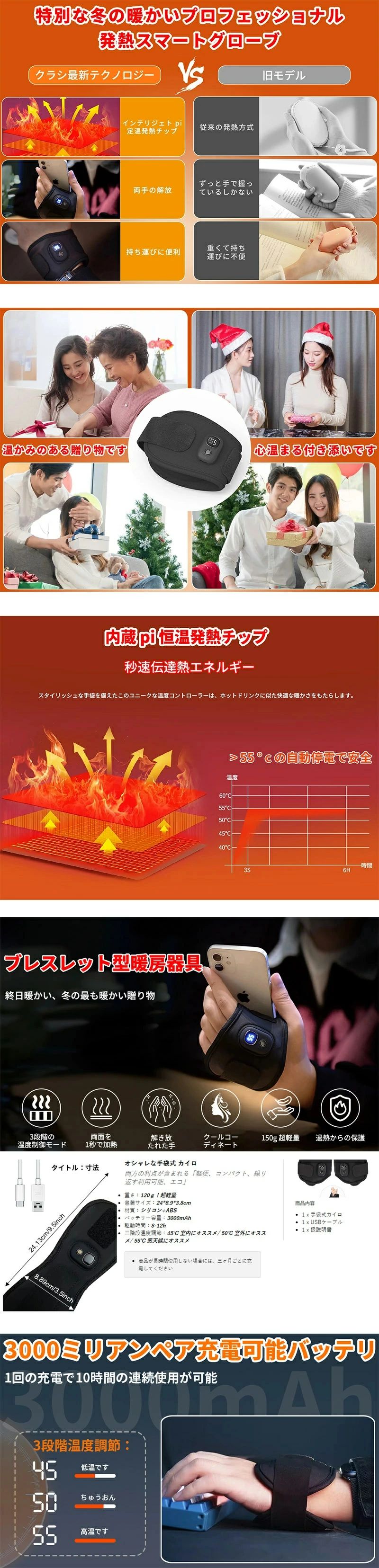 "【特徴】 ??【 led ディスプレイ &amp; 3段階調整】この製品は、 led ディスプレイを搭載しており、現在の使用温度を表示し、さらに、顧客に良好な温暖化体験を提供するために,3段階温度調節機能(45、50、55 ° c)を搭載し、場所に応じて対応温度に切り替えることができます。着用できる小型の暖房器具。(45室内推奨温度50室外推奨温度55悪天候時の推奨温度) ??【持ち運びに便利 &amp; 両手解放】超軽量、持ち運びに便利、手袋などの外観デザインが最大の特徴です。重量: わずか120g!市販の充電式カイロよりも数倍軽い。また、腕時計のようなデザインなので、本当に両手を自由にすることができます。(ずっと手に持っていなくても、自動的に手のひらや手首にフィットするので、軽くて便利です。) ??【3000mah 大容量 &amp; 8-10時間連続使用可能】3000mah 大容量バッテリーを内蔵し、1回の充電で10時間連続使用でき、さらに専用の usb 充電ケーブルを備えており、急速に充電できます。使い捨てとは違い、繰り返し使えるカイロです。さらに、両方の長所を備えた「軽量・コンパクト・再利用可能・環境にやさしい」。 ??【スマートサーモスタット】スタイリッシュな外観は常にこの製品の利点です。また、手袋のような充電式のカイロには、リアルタイムの温度を知ることができる lcd ディスプレイが搭載されています。ハイキングやサイクリング、通勤途中、アウトドアトレッキングなどにも最適です。(クラシ温度管理スマートグローブは、手に流れる血液を理想的な温度にすることで手を温め、全身を温めるように設計されています。) "