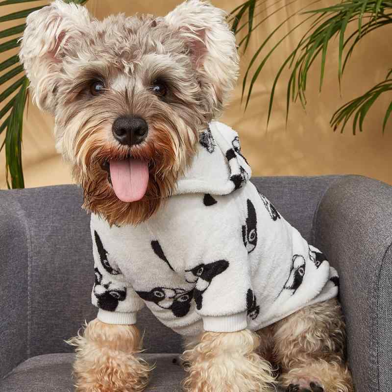 ペット服 犬猫兼用 白黒 フレンチブルドッグプリント フード付きパーカー フード付きスウェット ポリエステル製 保温性 防寒 あったか 秋冬 カジュアルウェア 普段着 散歩用