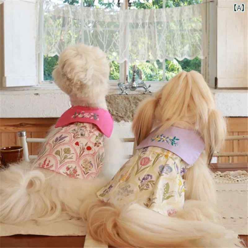 犬服 小型犬 シーズー マルチーズ シュナウザー 薄手 軽量 アイリス花柄 スカート ワンピース プリンセス風 かわいい 春夏秋 アウトドア 散歩 お出かけ ポリエステル