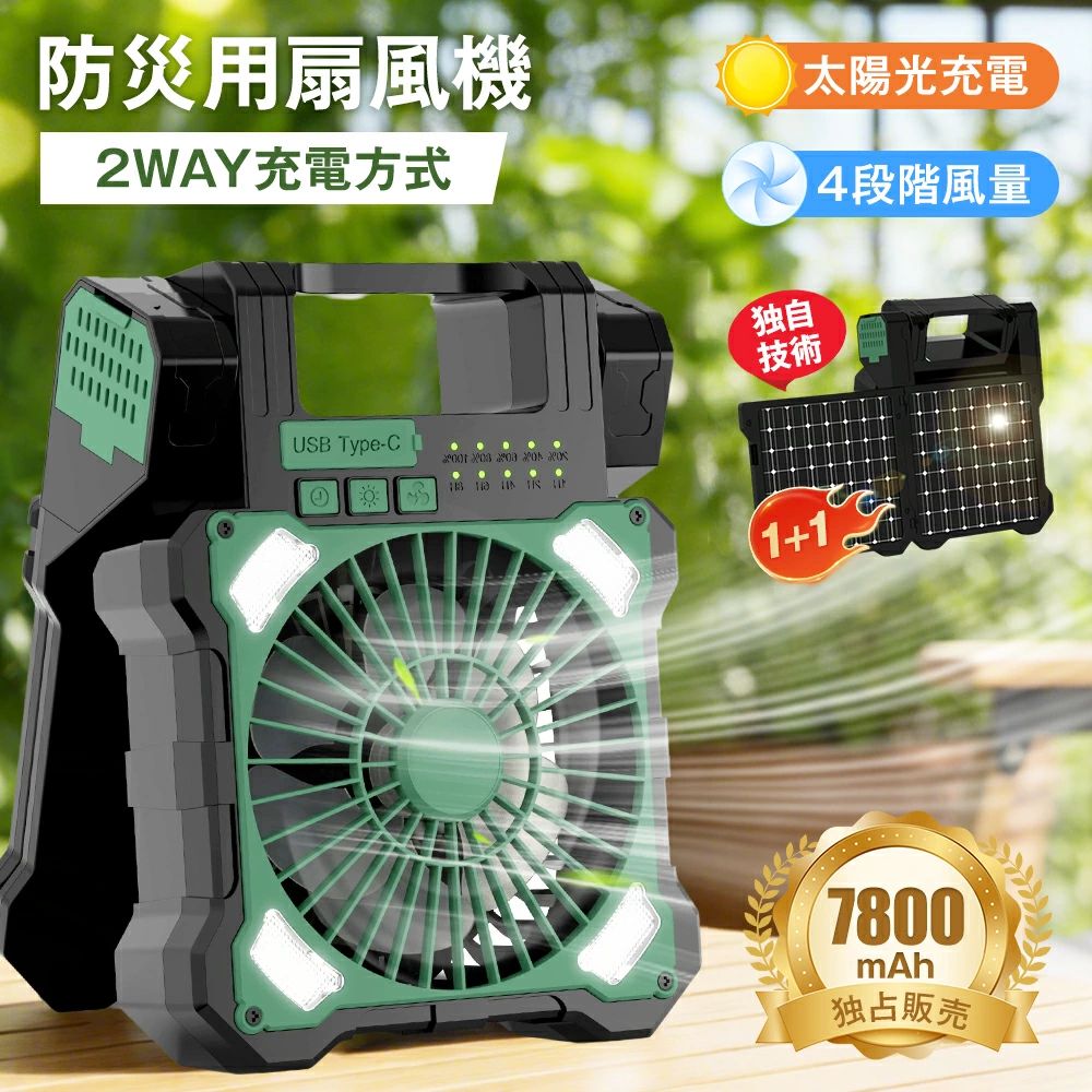 夏を変える！ 次世代デュアルソーラーファンが生活の質を革新 革命的な充電性能 蒸し暑さが長く続く日本の夏、エアコンの風が直接当たって体調が悪くなる悩みも、オフィスで自分だけ風が届かなくて汗ばむストレスも、キャンプやハイキングなどのアウトドアで暑さに耐える苦労も、さらに地震などの災害時に停電して暑さに困る不安も、今までこんな悩みを抱えたことはありませんか？今年の夏はそんな悩みを全て解決する、最新型デュアルソーラーパネル搭載多機能扇風機があなたの元に届きます。 「最新型デュアルソーラーパネル搭載」：従来品より充電速度が30%向上、直射日光下で8時間でフル充電可能、晴れの日は電源不要でいつでも涼しい風を楽しめます。 「操作が超簡単」：太陽の下でソーラーパネルを展開するだけで充電が開始され（充電中は電量表示が点滅します）、もちろん付属のUSB充電ケーブルでの充電にも対応しています。本体の4つのボタンだけで全機能を操作可能、高齢の方でも説明書を見ずに使えます。 「見た目と実用性を両立」：今年の夏のマストバイ涼しさグッズです。最新の高性能ソーラーパネルを採用しているので、従来品より充電速度が大幅にアップ、充電効率も高く、日常使いはもちろん、緊急時・災害避難時にも大活躍します。 使い方も充電方法も非常に簡単です。 ボタンだけで簡単に行える 「1つ目の風量ボタン」：4段階の風量を調整可能で、段階が上がるごとに風力が強くなり、本体画面から現在の風量段階を確認できます。換気にも冷やす用途にもぴったりで、市販の他の扇風機より風力が強い上に静音設計なので、オフィスで使っても周りの人の仕事や休憩の邪魔にならず、寝室のベッドサイド扇風機として使っても睡眠の妨げになりません。 「2つ目のライトボタン」：短押しすると正面のLED照明が点灯し、3段階の明るさ調整が可能、最高段階は部屋全体を照らせるので、補助照明や緊急照明としても使えます。長押しすると側面の懐中電灯ライトが点灯し、照射距離が長く明るさも十分なので、アウトドアでの登山やキャンプの時に懐中電灯を別途持っていく必要がなく、災害避難時にも非常に役立ちます。 「3つ目の首振りボタン」：押すと首振り機能がオンになり、お好みの角度で固定して風を送ることも可能です。電源をオフにすると首振り部分が自動的に元の位置に戻ります。また、本体は180度角度調整が可能なので、あなたの使用状況に合わせて角度を調整することで、送風効率を最大限に高められます。首振り機能を併用すれば風が直接体に当たるのを避けられ、より快適で健康的に涼しさを感じられます。 「4つ目のタイマーボタン」：1/2/4/8時間のタイマー設定が可能で、画面に設定した時間が表示されるので、寝る前に設定しても安心です。 健康配慮設計 「4段階風量調整+静音設計」：弱風は睡眠時に適した25dB以下の静音設計、強風は通常扇風機の1.5倍の風力、オフィスで使っても周囲の邪魔になりません。 「オールシーズン活躍」：夏は冷房の補助として涼しく、冬は換気扇として部屋の空気を循環させる、一年中使えるからコスパ抜群です。 「丁寧な梱包」：緩衝材で本体を完全に保護、配送時の破損を防ぐので安心して受け取れます。 「180°角度調整+首振り機能」：お好みの角度に調整可能で送風効率が最大2倍アップ、首振り機能で直風を避けられ、体に優しい自然な風を届けます。 「フック付き+折りたたみ収納」：壁掛けやテント内に吊るして使えるフック付き、使用しない時はコンパクトに折りたためて収納スペースを取りません。 アウトドア必須アイテム 「多機能照明搭載」：短押しで3段階調整可能なLEDルームライト、長押しで照射距離10m以上の懐中電灯が点灯、キャンプや災害避難時に大活躍です。 「アウトドアシーンに最適」：キャンプ・ハイキング・フェス・ガーデニングなど屋外活動時に電源不要で涼しさを提供、暑い夏の屋外レジャーを快適に過ごせます。 「液晶残量表示付き」：画面に残り電量と使用可能時間が一目でわかる、突然の電切れの心配がありません。 防災サバイバルキット 「15600mAh大容量バッテリー内蔵」：最大風量で最大12時間連続稼働、USBポートからスマホなどのデバイスへの緊急充電にも対応、停電時やアウトドアでも安心です。 「災害時の備えに最適」：ソーラー充電+大容量バッテリー+照明機能の3つの特徴で、地震などの停電時にも涼しさと明かりを確保、防災グッズとして一家に一台必須です。 「プレゼントにぴったり」：頑丈かつおしゃれな専用パッケージ、父の日・母の日・誕生日・引っ越し祝いなどあらゆるギフトシーンに対応します。 「3ヶ月品質保証付き」：初期不良や不具合の場合は無料で交換対応、購入後も安心して長く使えます。夏を変える！ 次世代デュアルソーラーファンが生活の質を革新 革命的な充電性能 蒸し暑さが長く続く日本の夏、エアコンの風が直接当たって体調が悪くなる悩みも、オフィスで自分だけ風が届かなくて汗ばむストレスも、キャンプやハイキングなどのアウトドアで暑さに耐える苦労も、さらに地震などの災害時に停電して暑さに困る不安も、今までこんな悩みを抱えたことはありませんか？今年の夏はそんな悩みを全て解決する、最新型デュアルソーラーパネル搭載多機能扇風機があなたの元に届きます。 「最新型デュアルソーラーパネル搭載」：従来品より充電速度が30%向上、直射日光下で8時間でフル充電可能、晴れの日は電源不要でいつでも涼しい風を楽しめます。 「操作が超簡単」：太陽の下でソーラーパネルを展開するだけで充電が開始され（充電中は電量表示が点滅します）、もちろん付属のUSB充電ケーブルでの充電にも対応しています。本体の4つのボタンだけで全機能を操作可能、高齢の方でも説明書を見ずに使えます。 「見た目と実用性を両立」：今年の夏のマストバイ涼しさグッズです。最新の高性能ソーラーパネルを採用しているので、従来品より充電速度が大幅にアップ、充電効率も高く、日常使いはもちろん、緊急時・災害避難時にも大活躍します。 使い方も充電方法も非常に簡単です。 ボタンだけで簡単に行える 「1つ目の風量ボタン」：4段階の風量を調整可能で、段階が上がるごとに風力が強くなり、本体画面から現在の風量段階を確認できます。換気にも冷やす用途にもぴったりで、市販の他の扇風機より風力が強い上に静音設計なので、オフィスで使っても周りの人の仕事や休憩の邪魔にならず、寝室のベッドサイド扇風機として使っても睡眠の妨げになりません。 「2つ目のライトボタン」：短押しすると正面のLED照明が点灯し、3段階の明るさ調整が可能、最高段階は部屋全体を照らせるので、補助照明や緊急照明としても使えます。長押しすると側面の懐中電灯ライトが点灯し、照射距離が長く明るさも十分なので、アウトドアでの登山やキャンプの時に懐中電灯を別途持っていく必要がなく、災害避難時にも非常に役立ちます。 「3つ目の首振りボタン」：押すと首振り機能がオンになり、お好みの角度で固定して風を送ることも可能です。電源をオフにすると首振り部分が自動的に元の位置に戻ります。また、本体は180度角度調整が可能なので、あなたの使用状況に合わせて角度を調整することで、送風効率を最大限に高められます。首振り機能を併用すれば風が直接体に当たるのを避けられ、より快適で健康的に涼しさを感じられます。 「4つ目のタイマーボタン」：1/2/4/8時間のタイマー設定が可能で、画面に設定した時間が表示されるので、寝る前に設定しても安心です。 健康配慮設計 「4段階風量調整+静音設計」：弱風は睡眠時に適した25dB以下の静音設計、強風は通常扇風機の1.5倍の風力、オフィスで使っても周囲の邪魔になりません。 「オールシーズン活躍」：夏は冷房の補助として涼しく、冬は換気扇として部屋の空気を循環させる、一年中使えるからコスパ抜群です。 「丁寧な梱包」：緩衝材で本体を完全に保護、配送時の破損を防ぐので安心して受け取れます。 「180°角度調整+首振り機能」：お好みの角度に調整可能で送風効率が最大2倍アップ、首振り機能で直風を避けられ、体に優しい自然な風を届けます。 「フック付き+折りたたみ収納」：壁掛けやテント内に吊るして使えるフック付き、使用しない時はコンパクトに折りたためて収納スペースを取りません。 アウトドア必須アイテム 「多機能照明搭載」：短押しで3段階調整可能なLEDルームライト、長押しで照射距離10m以上の懐中電灯が点灯、キャンプや災害避難時に大活躍です。 「アウトドアシーンに最適」：キャンプ・ハイキング・フェス・ガーデニングなど屋外活動時に電源不要で涼しさを提供、暑い夏の屋外レジャーを快適に過ごせます。 「液晶残量表示付き」：画面に残り電量と使用可能時間が一目でわかる、突然の電切れの心配がありません。 防災サバイバルキット 「15600mAh大容量バッテリー内蔵」：最大風量で最大12時間連続稼働、USBポートからスマホなどのデバイスへの緊急充電にも対応、停電時やアウトドアでも安心です。 「災害時の備えに最適」：ソーラー充電+大容量バッテリー+照明機能の3つの特徴で、地震などの停電時にも涼しさと明かりを確保、防災グッズとして一家に一台必須です。 「プレゼントにぴったり」：頑丈かつおしゃれな専用パッケージ、父の日・母の日・誕生日・引っ越し祝いなどあらゆるギフトシーンに対応します。 「3ヶ月品質保証付き」：初期不良や不具合の場合は無料で交換対応、購入後も安心して長く使えます。