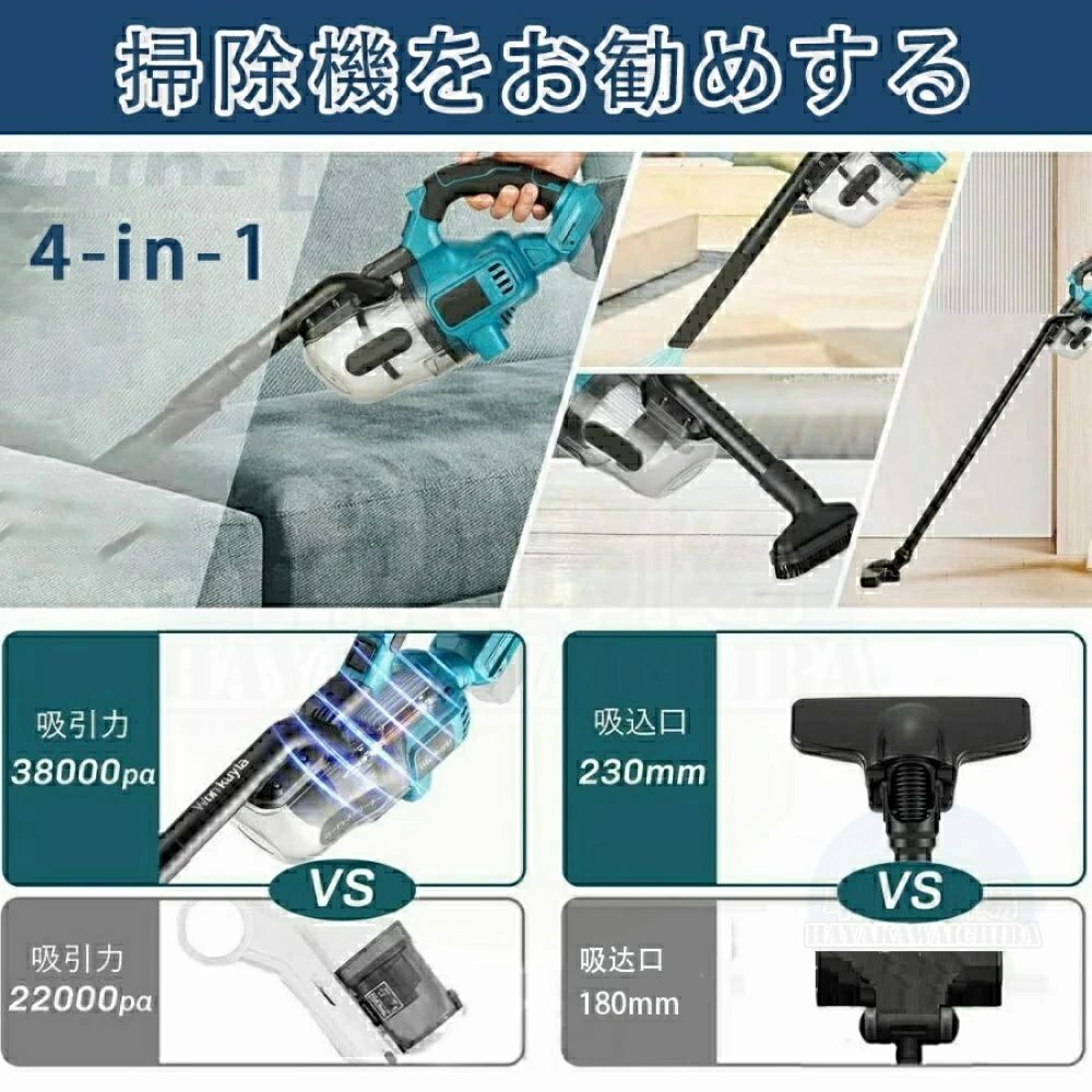 商品情報【38000Pa強吸引力・すべての操作はボタンひとつで】超強力モーターが搭載されており、最大38000Paの吸引力をサポートし、デスクの埃やゴミはもちろん、カーペットに入り込んだ砂や土などもしっかり吸い取れます。、スティック先端にあるボタンを押すだけ。たった1つのボタンですべて操作できるシンプルな使用感が魅力です。【コードレス設計】コードレス式のため、電源が近くにない場所でも、充電しておけば使えます。ほうきのように持って掃除機がけをすることも可能。持つ場所を自由に変えられるので、掃除したい場所に合わせて、快適に取りまわすことができます。超軽量800g、女性や年寄りの方も手軽にお掃除でき、腕や肩を痛める心配がありません。【豊富なアタッチメント・1台でゴミ一掃】40~63cm伸縮型パイプ付き、身長に合わせて調整可能です。床面はもちろん、カーテンなどの高い所もラクラクお掃除！スティック掃除機とハンディ掃除機の2WAYモデルが展開されており、1台で階段・車・布団・ソファーなど家中すみずみにまで使えます。付属の豊富なアタッチメントで、掃除する場所に応じてヘッドを切り替えることでお掃除しやすくなります。【21V大容量バッテリー】21V・1.5Ahリチウムバッテリーが付属して、長時間使用できます。またバッテリーの過熱/過充電/防爆保護により、安定した性能を維持することができます。電池×1個ごとに連続作業時間約20〜30分間（ご注意：作業環境温度や電池の状態により異なる）【超強力吸引38000Pa】充電式コードレス掃除機 スティック型 軽量&amp;静音 ワンタッチ操作 ハンディクリーナー 4種類ノズル付き 強力吸引 高性能ブラシモーター搭載 LEDライト付き 車載掃除 車用対応 家庭用 業務用OK 人気モデル 壁掛け収納可能 コンパクト設計 掃除ラクラク 「業務用レベルの吸引力 × 家庭用の手軽さ」コードレスで部屋も車内もラクラク掃除！軽量・強力・静音の三拍子で、毎日の掃除がもっと快適に。新生活やギフトにも最適な人気モデル！ 【38000Pa強吸引力・すべての操作はボタンひとつで】 超強力モーターが搭載されており、最大38000Paの吸引力をサポートし、デスクの埃やゴミはもちろん、カーペットに入り込んだ砂や土などもしっかり吸い取れます。スティック先端にあるボタンを押すだけ。たった1つのボタンですべて操作できるシンプルな使用感が魅力です。【コードレス設計】 コードレス式のため、電源が近くにない場所でも、充電しておけば使えます。ほうきのように持って掃除機がけをすることも可能。持つ場所を自由に変えられるので、掃除したい場所に合わせて、快適に取りまわすことができます。超軽量800g、女性や年寄りの方も手軽にお掃除でき、腕や肩を痛める心配がありません。【豊富なアタッチメント・1台でゴミ一掃】 40~63cm伸縮型パイプ付き、身長に合わせて調整可能です。床面はもちろん、カーテンなどの高い所もラクラクお掃除！スティック掃除機とハンディ掃除機の2WAYモデルが展開されており、1台で階段・車・布団・ソファーなど家中すみずみにまで使えます。付属の豊富なアタッチメントで、掃除する場所に応じてヘッドを切り替えることでお掃除しやすくなります。【21V大容量バッテリー】 21V・1.5Ahリチウムバッテリーが付属して、長時間使用できます。またバッテリーの過熱/過充電/防爆保護により、安定した性能を維持することができます。電池×1個ごとに連続作業時間約20〜30分間（ご注意：作業環境温度や電池の状態により異なる） 5