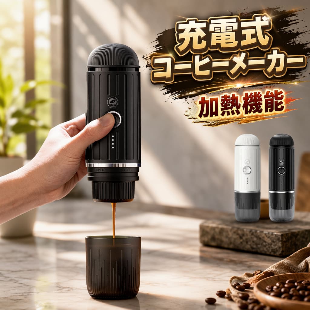 商品詳細 商品特徴1.「携帯型コーヒーメーカーで、いつでもカフェクオリティの一杯を！超軽量で持ち運びも楽々、アウトドアや出先でも本格的なコーヒーが楽しめます。」2.「19Barの高圧力抽出で、濃厚な味わいが簡単に。ワンタッチ操作で、面倒な手間なし！忙しい朝でもサッと美味しいコーヒーが完成。」3.「カプセルも挽き立てもOKの二合一デザイン！好みに合わせて選べるから、コーヒーライフがもっと自由に。」4.「分解可能な部品で洗浄がラクチン！衛生的に使えて、毎日快適。食品グレードの材質で、安心して楽しめます。」※手作業での採寸の為、若干誤差がある場合があります。ご了承下さい。※商品の輸送時間が長いため、発送していた際に外装の破損や輸送の途中に付いた小さなキズによる返品はお受付しかねます。 仕様【商品詳細】基本情報★重量：約802g★入力：10V/2.25A★動作：12V/9A★バッテリー：リチウムイオン7500mAh★最大消費電力：100W★給水タンク容量：80ml★素材：ABS樹脂/304ステンレス鋼/食品級ポリプロピレン 商品について：※商品の撮影には最大限注意を払っておりますが、閲覧時のモニター環境によりましては実際の商品と若干違うお色味に映ることもございます。 発送について：※【在庫がある場合】4・7営業日以内に発送します。※在庫確認、配送状況、休日を間にする事により、予定より遅くなる可能性がございます。※当店ではラッピングのサービスを行っておりません、ご了承ください。※初期不良や弊社都合による著しい発送遅延などが発生した場合は、未使用の商品のみ到着日から30日以内に返品や返金、交換も可能でございます。※ご連絡を頂けましたらスムーズに対応できますので、ご協力いただけますようお願い申し上げます。※お客様都合の返品返金について、返品送料はお客様負担なります。 メールについて：※メール返信とご注文対応は、平日10：00・17：00頃に対応しております。※携帯メールでの登録は迷惑メールによりメールが届かない場合がございます。 不良品についての説明基づいて掲載しています