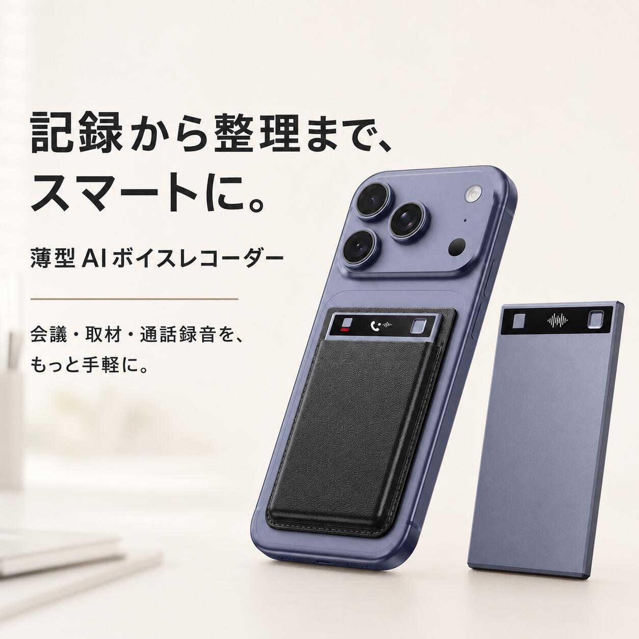 商品仕様機能一覧製品名AIボイスレコーダー本体サイズ約86×54×3mmケース装着時約93×63×6mm連続録音時間最大約30時間録音機能音声録音通話録音AI機能文字起こしAI要約AI質問情報整理マインドマップ作成言語機能多言語文字起こし翻訳データ管理録音データをスマートフォンへ転送し、専用アプリで管理装着方法専用マグネットケースでスマートフォンに装着セット内容ボイスレコーダー本体、専用マグネットケース、マグネット式Type-Cケーブル、 スマートフォン用マグネットリング、USB変換アダプター、取扱説明書サイズは計測方法により、多少の誤差が生じる場合があります。使用環境や設定により、録音可能時間は異なります。スマートフォンの機種やケースの形状により、装着状態が異なる場合があります。ご注意： 本商品は、電波法令で定められている技術基準に適合していることを証明する技適マークが貼付されていない無線機器であり、日本国内で使用する場合は、電波法違反になるおそれがございます。 ご使用の際には、十分ご注意いただきますようお願いいたします。 詳しくは、最寄りの総務省総合通信局へお問い合わせください。