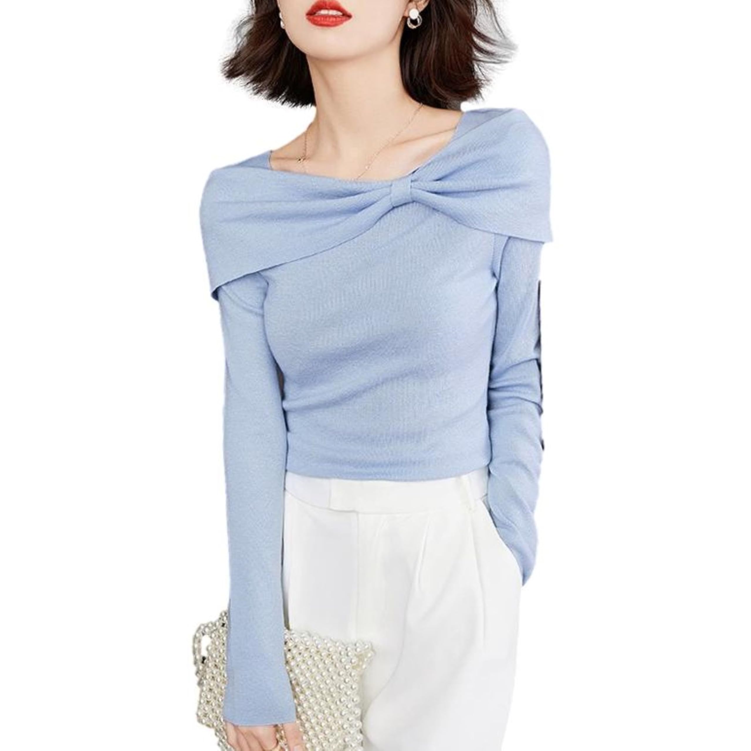 ボートネックニットトップス リボンモチーフ 薄手 やわらか スリムフィット 10分袖 レディース