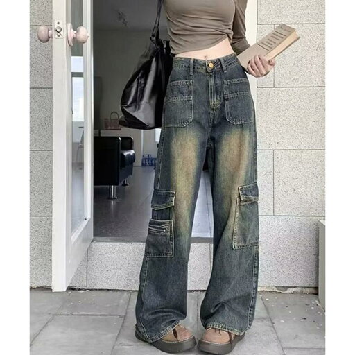 ウォッシュデニムカーゴパンツ レディース ヴィンテージ古着風 ハイウエストズボン ビンテージ デニム ウォッシュデニムカーゴパンツ レディース ヴィンテージ古着風 ハイウエストズボン ビンテージ デニム