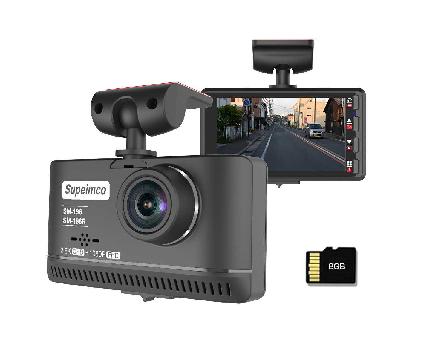 【電装店供給品 2.5K】3 inch IPSドライブレコーダー 前方400万画素 QHD画質 小型ドラレコ 8GBカード付き 160度超広角 耐熱構造 スーパーキャパシタ 電波障害対策 ノイズ対策 常時録画 衝撃感知 動体検知 車載カメラ 東西日本信号機対応 12V/24V対応 [日本語取説付] SM-196