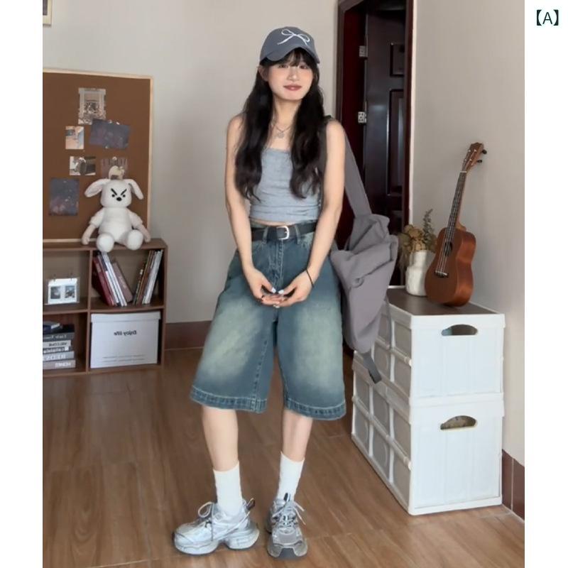 デニムショートパンツ レディース 2025春夏季 小柄向け 五分丈 ストレート ゆったり ミドルマンスリーカジュアルスタイル ミドフィットボトムス デニムハーフパンツ カジュアル デイリーウェア ベーシック スタンダード 無地