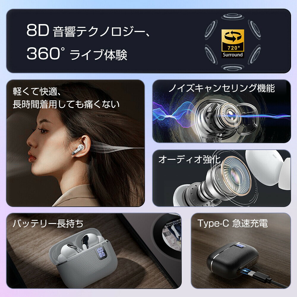 イヤホン ワイヤレスイヤホン Bluetooth イヤホン 高音質 ノイズキャンセリング 通勤 通学 スポーツ ジョギング ウォーキング ジム 360サラウンドサウンド panda-syouten-10000356 パンダ商店 楽天市場店 サンプル画像3