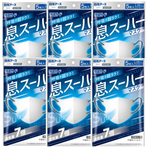 ・呼吸が超ラク！ ・抜群の息のしやすさと軽いつけ心地 ・スマートな立体タイプ ・耳が痛くないふんわり幅広耳ひも ・マスク本体：ホワイト　耳ひも：ブルーグレー ・花粉98パーセントカットフィルター。 ・145×105mm（タテ×ヨコ）※折りたたみ時のサイズ / 5枚入 ・素材　本体・フィルタ部：ポリプロピレン、ポリエチレン、ポリエステル 　耳ひも部：ナイロン、ポリウレタン （マスク・風邪・花粉）