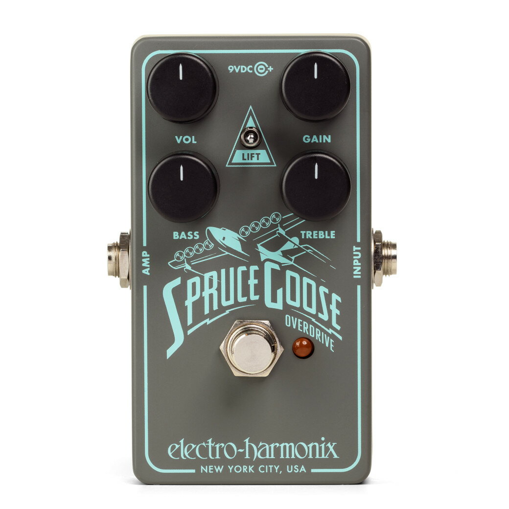 「Bluesbreaker」スタイルのオーバードライブをさらに進化させ、クリアさとダイナミックスを残したまま、スムースでリッチなドライブを実現した「Spruce Goose」 3つのインプット・ゲイン設定にアクセスできるLIFTスイッチ、強化されたアウトプット、トーンを飛翔させる拡張EQなど、多くの新機能で舞い上がります！ 肉厚なブーストからスムースなリード・サウンドまで、あなたのトーンを刺激的で音楽的な様々な方向へと導きます。 ナチュラルなドライブとアンプのようなレスポンスで有名なオーバードライブ回路を採用し、GAINノブとVOLノブは、ドライブと出力レベルを正確に調整します。 ラッチとモーメンタリー両方の機能をもつメカニカルリレー・トゥルーバイパススイッチングを搭載し、ットスイッチをタップすると通常のラッチ式切り換えに、フットスイッチを長押しすればとゲイン＆ブーストをモーメンタリーに出力可能です。 ミックスの前へ出て、素早いフレーズや一瞬のカオスに最適です。 ●「Marshall Bluesbreaker」にインスパイアされたオーバードライブ回路 ●強化された出力レンジ ●ゲインを追加してサチュレーションをプッシュするLIFTスイッチ ●低音域のレスポンスを設定するアクティブBASSノブ ●VOL、GAIN、TREBLEノブ ●ラッチとモーメンタリーアクション搭載のトゥルーバイパス・ソフトフットスイッチ ■トゥルーバイパス ■サイズ:70(W) x 114(D) x 53(H)mm ■消費電力:20mA