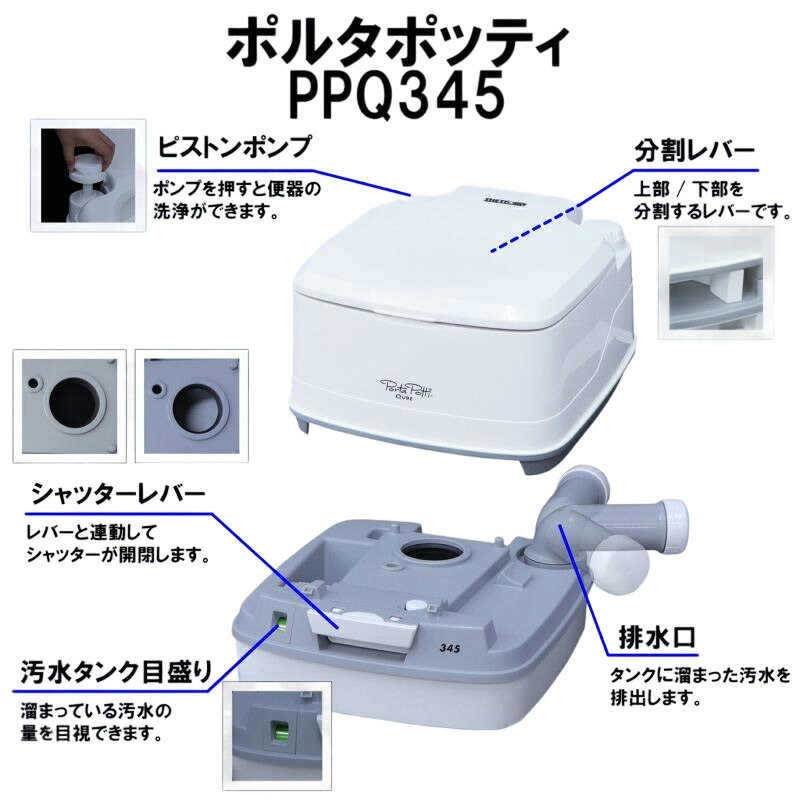 簡易トイレ 水洗式 ポータブルトイレ ポルタポッティ キューブ ピストンポンプ ホワイト PPQ345 カーメイト │ ピストンポンプ式 防災グッズ 災害 防災 防災用品 非常用トイレ 非常用 アウトドア キャンプ コンパクト キャンピングカー トイレ 高齢者 介護用 介護用品 pandora-10050024 介護BOX パンドラ サンプル画像2