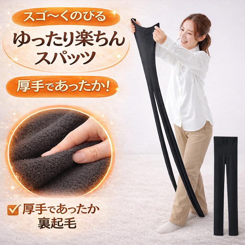 スゴ～くのびる ゆったり楽ちんスパッツ ブラック M-L LL-3L セルヴァン メール便 | 伸びる 温かい 温活 締め付けない 冬 重ね着 深履き 暖か 伸縮性 国産 あったか