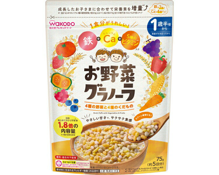 ●原材料／米パフ（米粉、砂糖、モルトエキス、食塩）（国内製造）、砂糖混合ぶどう糖果糖液糖、コーンパフ（コーングリッツ、でん粉、砂糖）、ブルーベリー・ぶどう・ラズベリー・いちごパフ（米粉、オーツ麦粉、水溶性食物繊維、砂糖、ブルーベリー果汁粉末、ぶどう果汁粉末、ラズベリー果汁粉末、いちご果汁粉末）、ショートニング、にんじん・トマト・かぼちゃ・パプリカパフ（米粉、オーツ麦粉、水溶性食物繊維、にんじん粉末、砂糖、トマト粉末、かぼちゃ粉末、パプリカ粉末）、水あめ、小麦全粒粉、ライ麦パフ（ライ麦粉、小麦ふすま、砂糖、食塩）、玄米パフ（玄米粉、米粉）／炭酸Ca、加工でん粉、乳化剤、V.C、ピロリン酸鉄、膨脹剤、酸化防止剤（V.E）、ナイアシン、パントテン酸Ca、V.B6、V.B2、V.B1、V.B12、（一部に小麦・乳成分・大豆を含む）●栄養成分／（1食分15g当たり）エネルギー66kcal、たんぱく質0.77g、脂質1.7g、炭水化物12g、食塩相当量0.03〜0.08g、ビタミンB2 0.18〜0.7mg、ビタミンB6 0.2〜0.8mg、ビタミンB12 0.8〜2.4μg、ナイアシン1.6〜6.8mg、パントテン酸0.67〜2.9mg、カルシウム170mg　鉄2.2mg●アレルギー／小麦・乳成分・大豆・12種のいろいろ素材がおいしいお野菜グラノーラ。・鉄・カルシウム・5種のビタミン（ビタミンB2、ビタミンB6、ビタミンB12、ナイアシン、パントテン酸）が1食分摂れる。・お子さまに配慮したやさしい甘さ。・つぶが小さいからスプーン練習にぴったり。【アサヒグループ食品】
