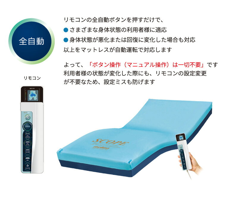 介護BOX パンドラのmolten モルテン 床ずれ予防 スコープ ライト ショート MSCPL83S 幅83cm ｜全自動運転 高機能エアマットレス 介護ベッド用 マットレス 寝具 リバーシブル お年寄り 老人 病院 施設 在宅介護 褥瘡予防 褥瘡 寝たきり マットレス 介護 シングル 福祉 介護用｜アングル3