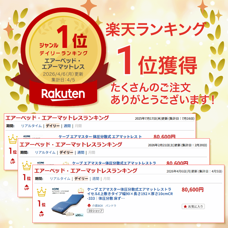 介護BOX パンドラのCAPE ケープ エアマスター体圧分散式エアマットレストライセルE上敷きタイプ幅90×長さ192×厚さ10cmCR-333｜体圧分散 床ずれ防止 予防 防水ムレ 対策 ずれない コンパクト 褥瘡 安全対策 機能 停電 対策 機能 ベッド 介助 エアーマット 寝具高齢者｜アングル2