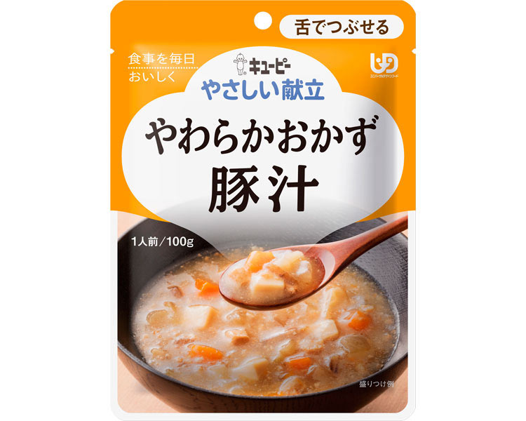 ●原材料／野菜（だいこん（国産）、にんじん、ごぼう、長ねぎ）、豆腐、豚肉加工品（豚肉、でん粉、乾燥マッシュポテト、乾燥卵白、食塩）、豚肉、みそ、でん粉、植物油脂、米発酵調味料、しょうゆ、ポークエキス、かつお節エキス、砂糖、食物繊維／調味料（アミノ酸等）、卵殻カルシウム、増粘剤（キサンタンガム）、豆腐用凝固剤、（一部に卵・小麦・大豆・豚肉を含む）●栄養成分／（1袋当たり）エネルギー52kcal、たんぱく質1.9g、脂質2.7g、炭水化物5.5g、食塩相当量0.9g●アレルギー／卵・小麦・大豆・豚肉●賞味期限／製造後2年1ヶ月●ユニバーサルデザインフード／舌でつぶせる（区分3）●生産国／日本・細かな具材を舌でつぶせるくらいにやわらかく調理し、とろみをつけて食べやすく仕上げています。・やわらかく仕立てた豚肉と豚ひき肉、大根、にんじん、ごぼう、豆腐、長ねぎ入りの豚汁です。とろみをつけて食べやすく仕上げました。・直射日光を避け、常温で保存してください。【キユーピー】