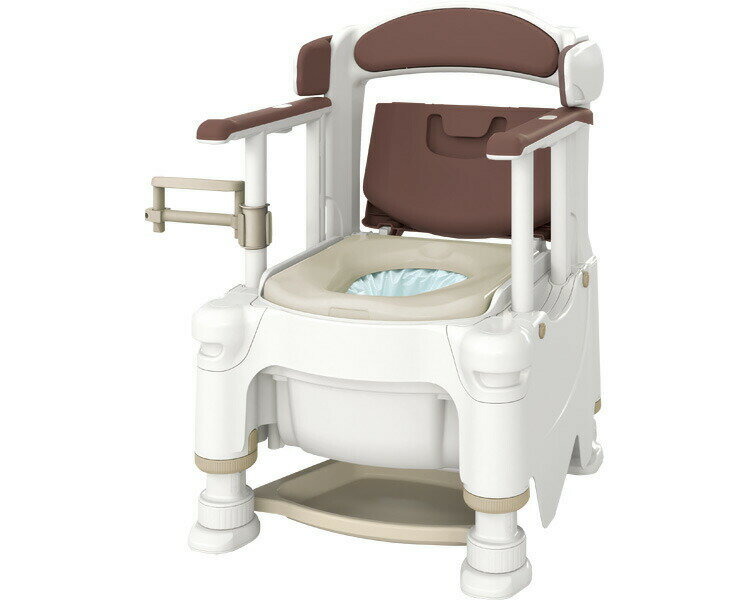 ●サイズ／幅53×奥行60×高さ79〜90cm、座面：幅36×奥行42.5cm、穴部：幅19×奥行31cm、便座高：38〜49cm（15段階／1cm）、ひじ掛け高：低設定0・6〜24cm（8段階／3cm）・高設定6・12〜30cm（8段階／3cm）、ひじ掛け内寸：41cm●重さ／17.5kg●材質／本体・バケツ・ひじ掛け：ポリプロピレン、前脚：ABS樹脂、背もたれクッション：ポリエチレン●電源／AC100V●最大使用者体重／100kg●標準機能／ひじ掛け昇降、ひじ掛け高さ調整、ソフト便座、キャスター付、オイルダンパー、防汚トレイ、脱臭機能、自動ラップ機能●生産国／日本●抗菌加工●要組立・ご利用者の症状変化に合わせて「やりたい」を「できる」に変えるポータブルトイレ。・3つを支えるマルチアシストトイレ。・1.移乗動作サポート　移乗動作にあわせてひじ掛け2段階に調整可能：ノーマルポジションで高さ0、6〜24cmに設置。0cmは座位移乗動作をサポート。ハイポジションで高さ0、12~30cmに設定。最大30cmは立位移乗での安定した立ち座りに最適。　側方ガード：ひじ掛け昇降、お尻拭き時の座位をサポート。2.排泄サポート　姿勢保持グリップ：前傾することで腹圧をかけて排泄を促します。　体格に合わせてワンタッチ調節：排泄姿勢や移乗動作に合わせて脚やひじ掛けを楽らく調節。　片手で切れるペーパーホルダーR：片マヒの方でも楽に切れます。3.片付けサポート　節水バケツ：少ないお水（1L）で運ぶのが楽らく。　キャスター：キャスター標準装備、お掃除も楽らく。　自動ラップ：ラッピングして処理が楽らく。※消耗品は付属しておりませんので、必ず消耗品を別途ご購入ください。【アロン化成】