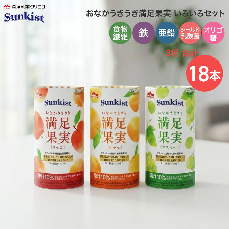●セット内容／りんご・みかん・マスカット×各6本、計18本●栄養機能食品／鉄、亜鉛、食物繊維●賞味期限／製造後8ヶ月●生産国／日本（りんごのみチリ）・ビタミン・ミネラル配合、グアーガム分解物（食物繊維）配合の果汁入り飲料。・善玉菌（ビフィズス菌）を増やして腸内環境を良好にする機能が報告されたグアーガム分解物（食物繊維）を配合した10％果汁入り飲料。・日本人に不足しがちな栄養素である食物繊維の補給をサポートします。 ＜りんご＞ ●原材料／糖類（果糖ぶどう糖液糖、砂糖、ラクチュロース）、りんご、グアーガム分解物、酵母エキス、乳酸菌（殺菌）、乾燥酵母／乳酸Ca、V.C、酸味料、香料、ピロリン酸鉄、ナイアシン、パントテン酸Ca、V.E、甘味料（アセスルファムK、スクラロース）、β-カロテン、V.B6、V.B2、V.B1、葉酸、V.D、V.B12、（一部に乳成分・りんごを含む） ●栄養成分／（125mL当たり）エネルギー75kcal、たんぱく質0.1g、脂質0g、炭水化物22.0g、食塩相当量0.11g ●アレルギー／乳成分・りんご ＜みかん＞ ●原材料／糖類（果糖ぶどう糖液糖、砂糖、ラクチュロース）、うんしゅうみかん、グアーガム分解物、酵母エキス、乳酸菌（殺菌）、乾燥酵母／乳酸Ca、V.C、ピロリン酸鉄、ナイアシン、香料、パントテン酸Ca、V.E、甘味料（アセスルファムK、スクラロース）、β-カロテン、酸味料、V.B6、V.B2、V.B1、葉酸、V.D、V.B12、（一部に乳成分を含む） ●栄養成分／（125mL当たり）エネルギー75kcal、たんぱく質0.1g、脂質0g、炭水化物22.0g、食塩相当量0.088g ●アレルギー／乳成分 ＜マスカット＞ ●原材料／糖類（果糖ぶどう糖液糖、砂糖、ラクチュロース）、マスカット、グアーガム分解物、酵母エキス、乳酸菌（殺菌）、乾燥酵母／乳酸Ca、V.C、香料、酸味料、ピロリン酸鉄、ナイアシン、パントテン酸Ca、V.E、甘味料（アセスルファムK、スクラロース）、β-カロテン、V.B6、V.B2、V.B1、葉酸、V.D、V.B12、（一部に乳成分を含む） ●栄養成分／（125mL当たり）エネルギー75kcal、たんぱく質0.1g、脂質0g、炭水化物22.0g、食塩相当量0.095g ●アレルギー／乳成分 【森永乳業クリニコ】おなかうきうき満足果実 いろいろセット125mL×18本入