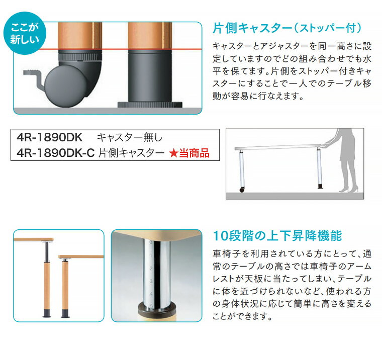 テーブル オフィス 施設 10段階昇降テーブル 台形型 片側キャスター 4R-1890DK-C オフィス・ラボ | 食堂テーブル 介護テーブル 介護用テーブル 老人ホーム 介護施設テーブル デイサービス ダイニングテーブル 福祉施設 老人ホーム グループホーム 病院 医院 食堂