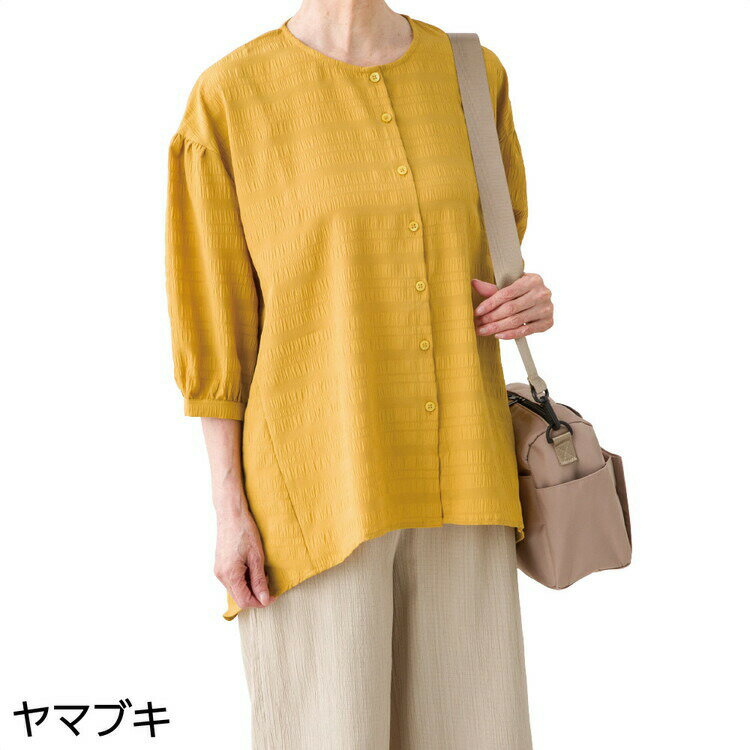 ブラウス レディース 春夏 おしゃれ 7分袖やわらかサッカーブラウス 822202 M〜L ケアファッション │ トップス オシャレ着 前開き 女性 婦人 ミセス シニア 大人 後ろ身頃長め 体型カバー サッカー生地 七分袖 上品 キレイめ カジュアル プレゼント 2026SS