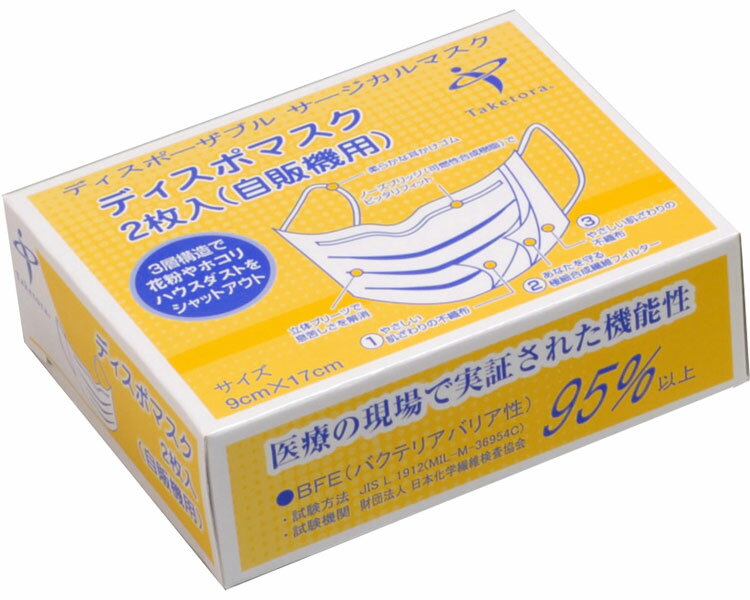 マスク自販機用 ディスポマスク 1箱2枚入×30個セット （合計60枚） 076042 ホワイト 竹虎 │ 介護用品 病院 老人ホーム デイサービス 施設 商業施設 オフィス デパート 店舗 ショップ