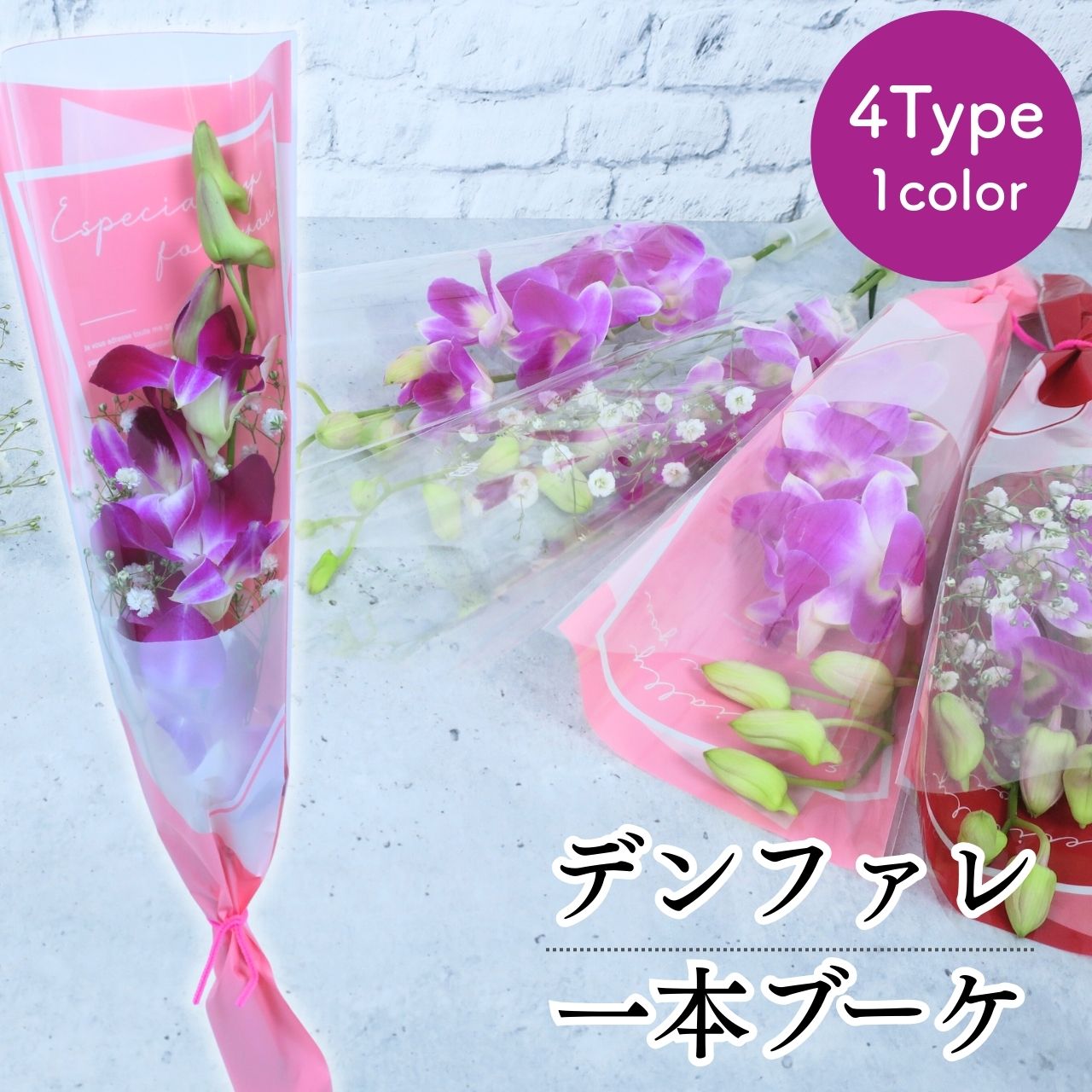 [4種類から選べる300円～] 卒園 卒業 『 デンファレの一本 ブーケ 』 4type 花 1輪 1本 一輪 一本 1輪の花 花束 ラッピング 保水キャップ付き 花言葉 意味 美人 華やか 思いやり デンファレ 紫 パープル 生花 切り花 切花 卒園式 卒業式 成人式 通販 イベント 送別 /IGP