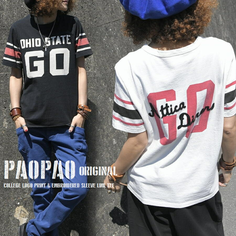 GO PAOPAO オリジナル 袖ライン カレッジ ロゴプリント チェーン刺繍 フットボール Tシャツ