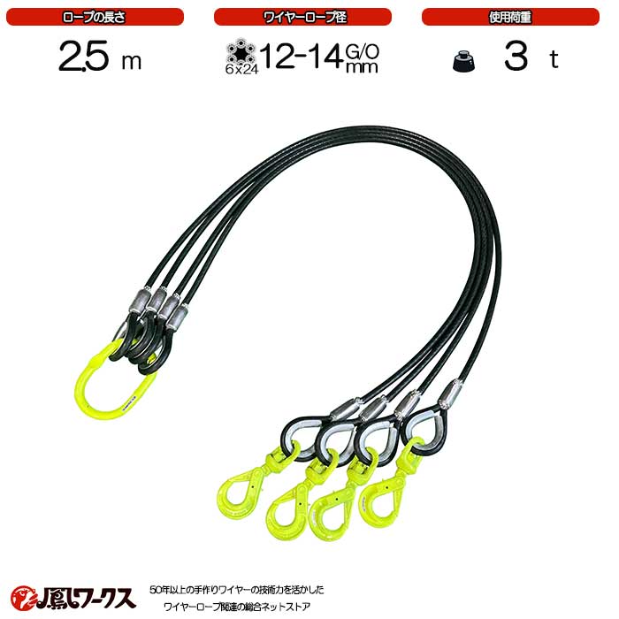 Rakuten - 4点吊ワイヤー　 12-14mm(4分)×2.5m　 スイベルフック マーテック 被覆　使用荷重 :2.8t リング フック JIS規格 ワイヤーロープ クレーン作業 スリング 4BK-P12M-25