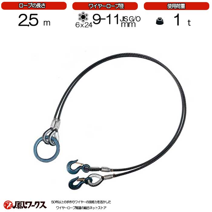 Rakuten - 2点吊ワイヤーロープ　（9mm-11mm）×2.5m　関西工業　被覆　使用荷重1t　玉掛け　クレーン　ワイヤーロープ　フック　リング　吊り金具