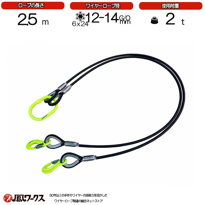 Rakuten - 2点吊ワイヤーロープ　（12mm-14mm）×2.5m　マーテック　被覆　使用荷重1.9t　玉掛け　2本吊　クレーン　ワイヤーロープ　スリング
