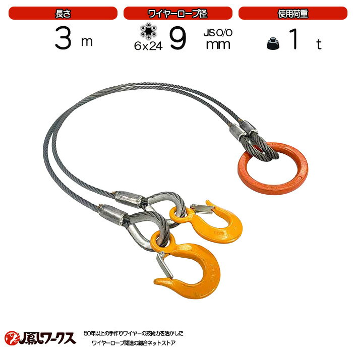 Rakuten - 2点吊ワイヤーロープ　径9mm(3分)×3m__使用荷重1t_JIS規格_玉掛索_ワイヤーロープスリング_フック_リング_クレーン作業_J2-9-3