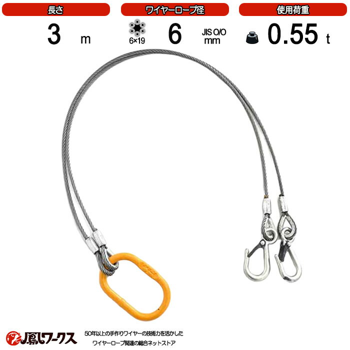 Rakuten - 2点吊ワイヤーロープ　径6mm(2分)×3m_使用荷重0.55t_JIS規格_玉掛索_ワイヤーロープスリング_フック_リング_クレーン作業_J2-6-3