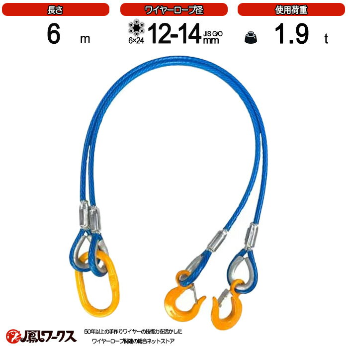 Rakuten - 2点吊ワイヤーロープ_径12-14mm(4分)×6m_被覆_PVC_青_KITO_使用荷重1.9t_JIS規格_玉掛索_ワイヤーロープスリング_フック_クレーン作業_2BL-P12K-6