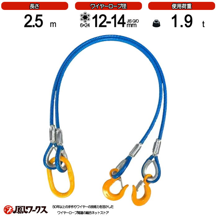 Rakuten - 2点吊ワイヤーロープ_径12-14mm(4分)×2.5m_被覆_PVC_青_KITO_使用荷重1.9t_JIS規格_玉掛索_ワイヤーロープスリング_フック_クレーン作業_2BL-P12K-25